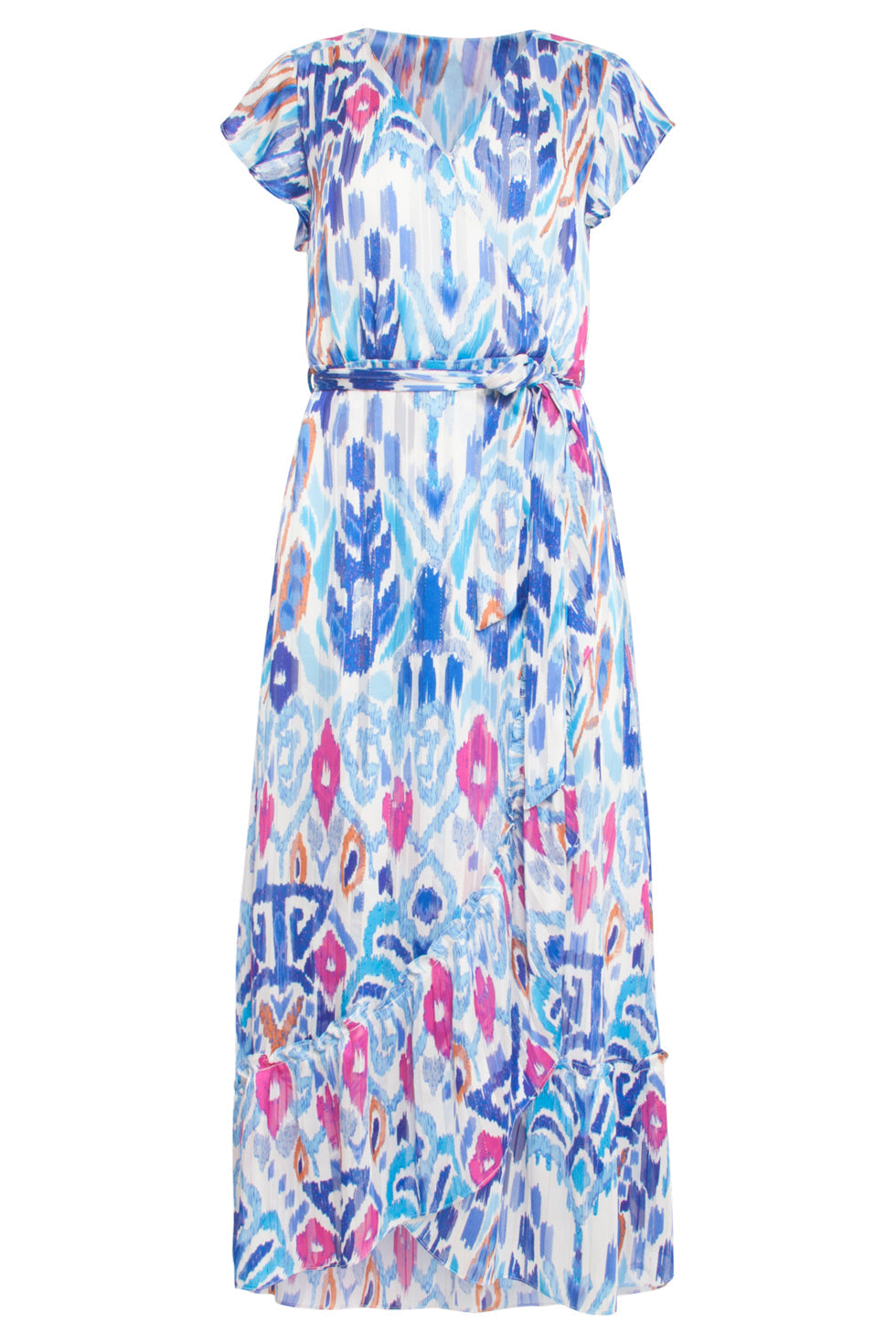 24407 Blauw En Roze Chiffon Zomerjurk Met Azteekse Print En Ruches