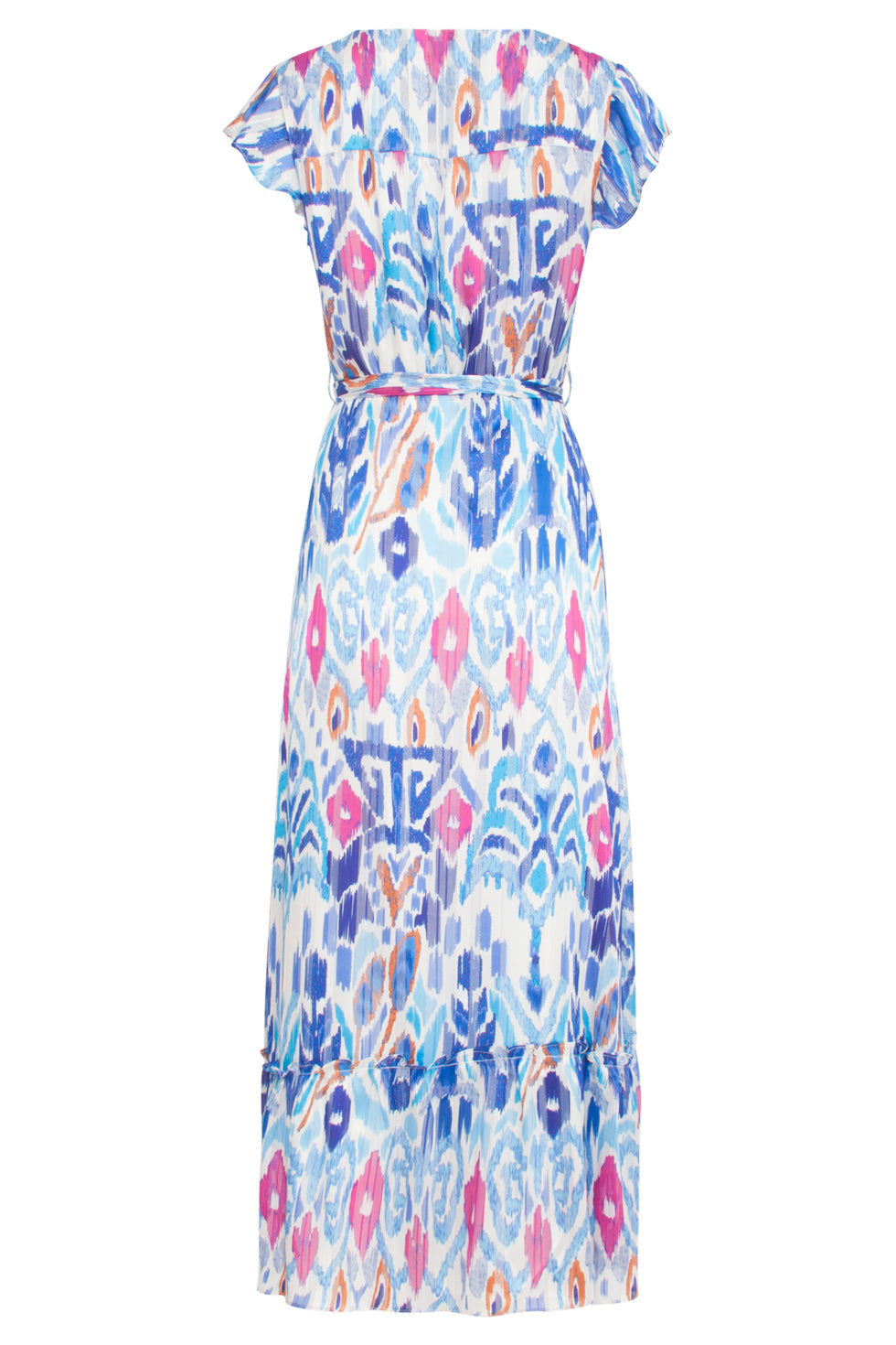 24407 Blauw En Roze Chiffon Zomerjurk Met Azteekse Print En Ruches