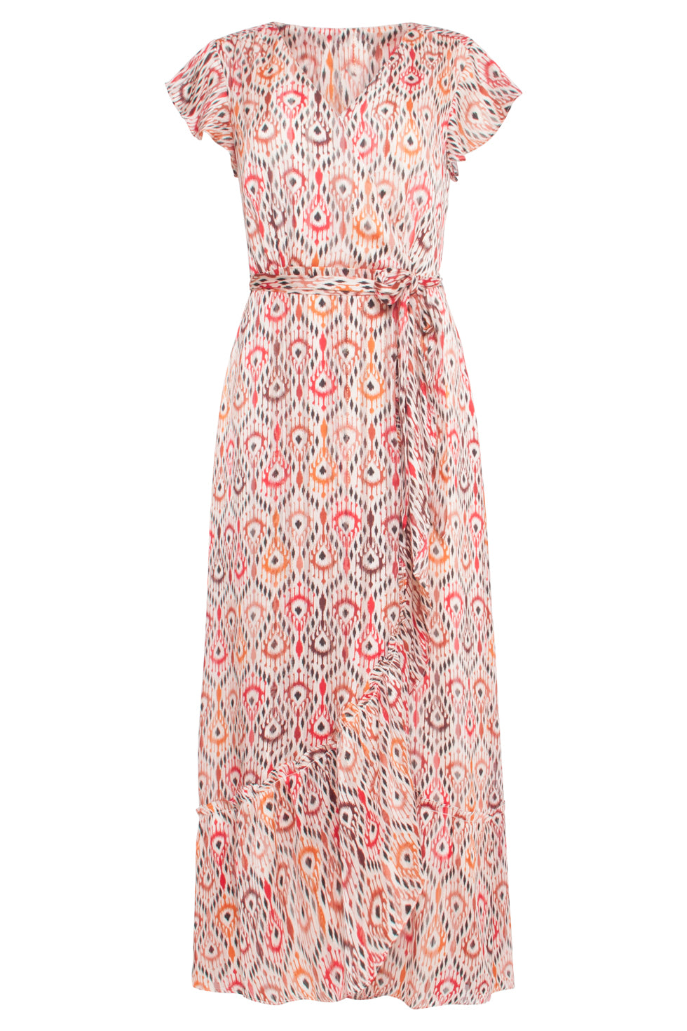 24412 Aardetinten Satijnen Wrap Jurk Met Azteekse Print | Muticolour