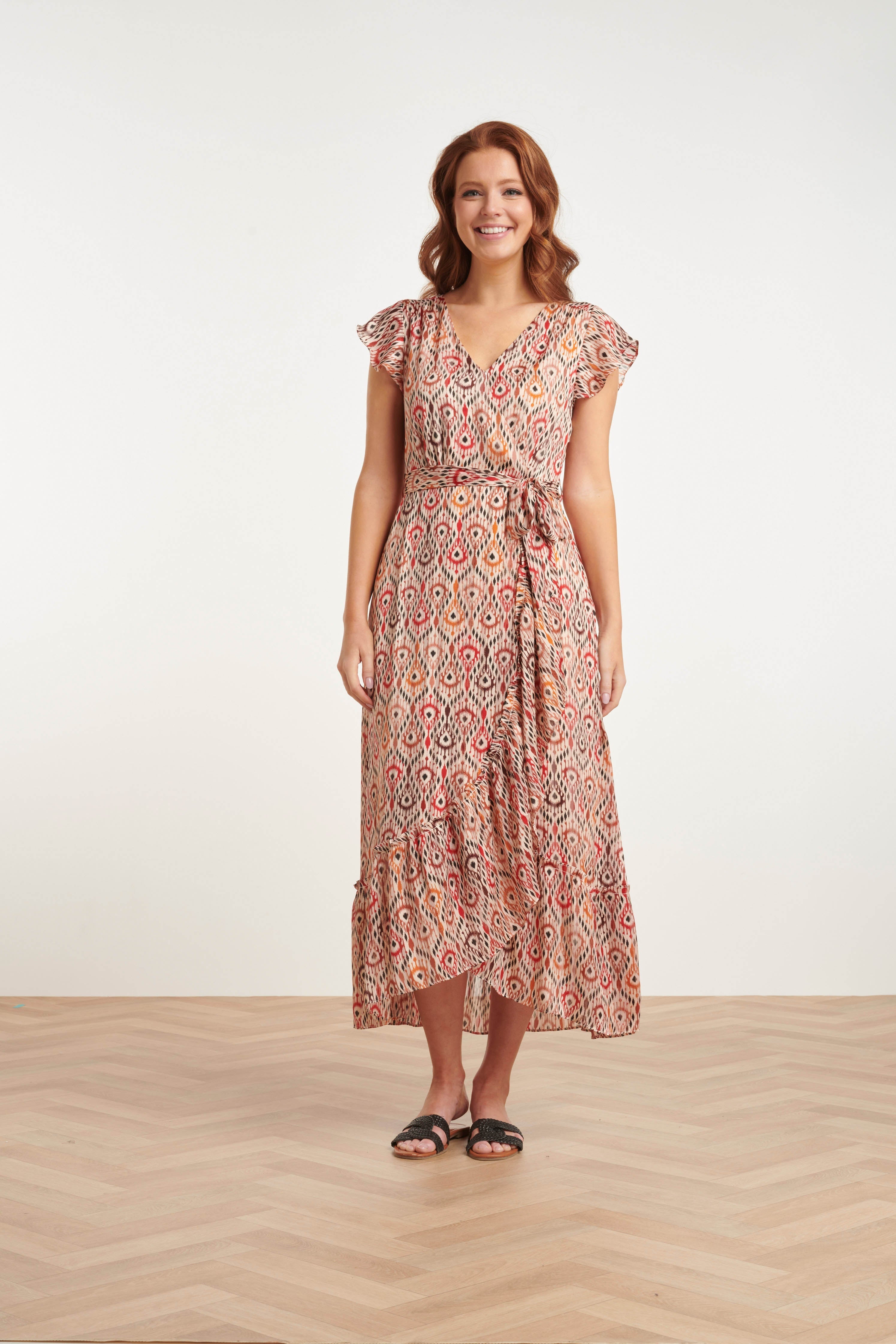 24412 Aardetinten Satijnen Wrap Jurk Met Azteekse Print | Muticolour