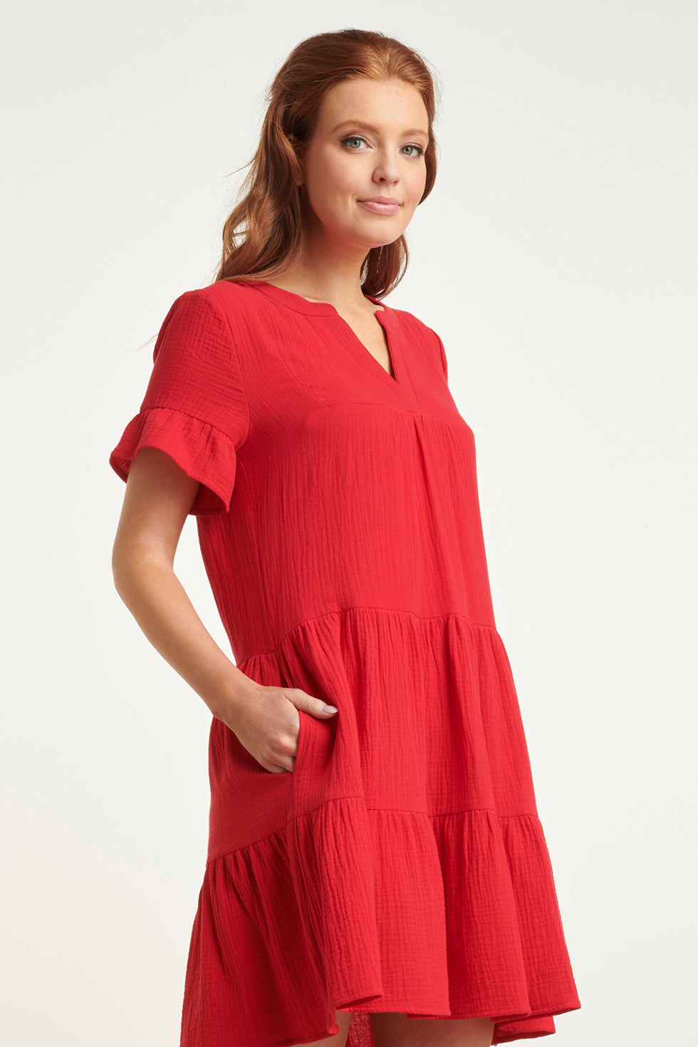 24418 Fel Kort Zomerjurkje Met Ruches | Red