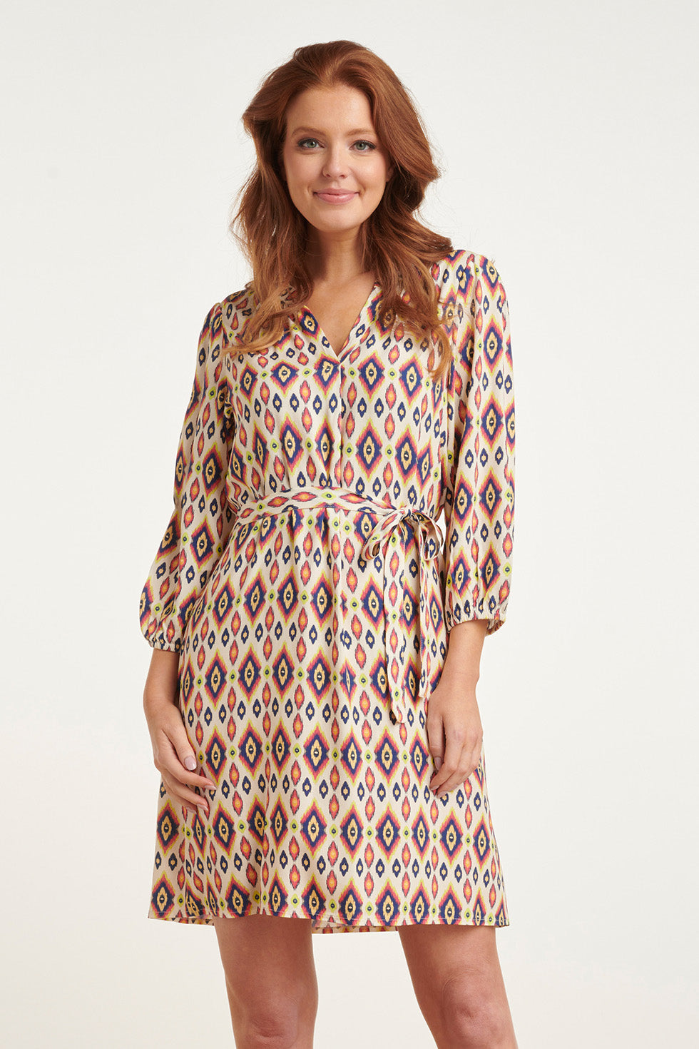 24455 Zomerjurk Met Pofmouwenfel Aztec Print | Muticolour