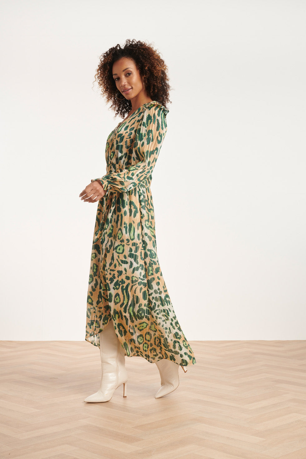 24501 Chiffon Maxi Jurk Met Cheetah Print | Sand - Green