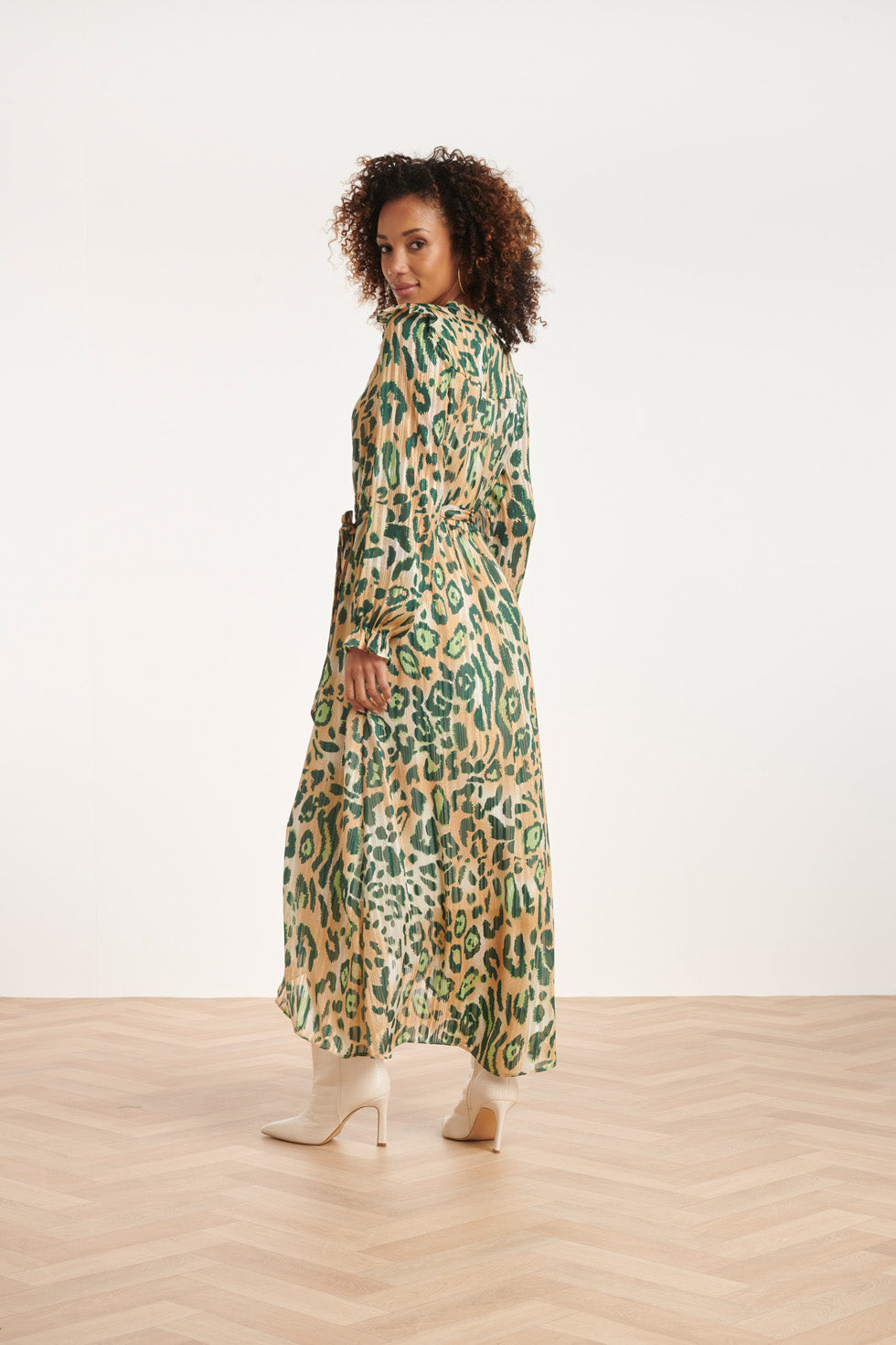 24501 Chiffon Maxi Jurk Met Cheetah Print | Sand - Green