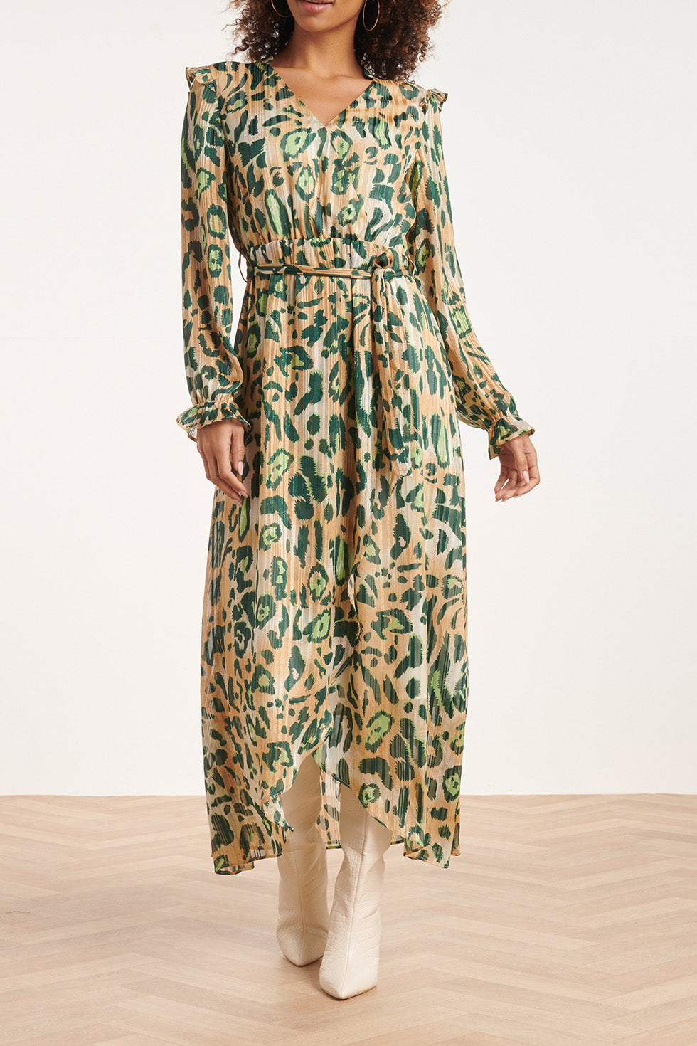 24501 Chiffon Maxi Jurk Met Cheetah Print | Sand - Green