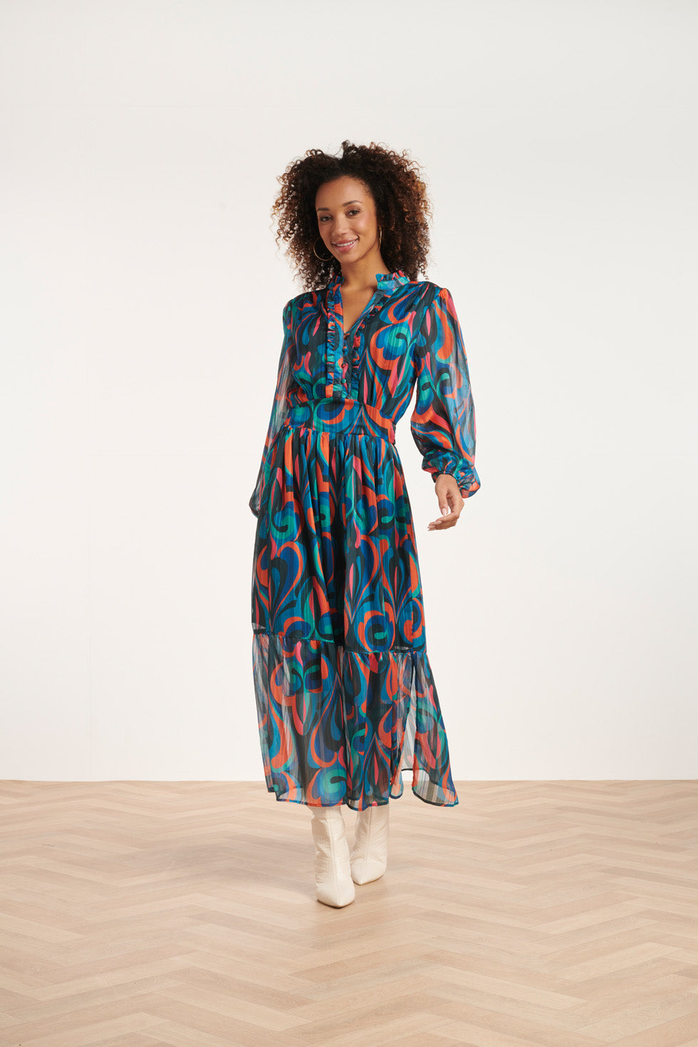 24519 Maxi-Jurk Met Teal Print | Petrol - Muticolour
