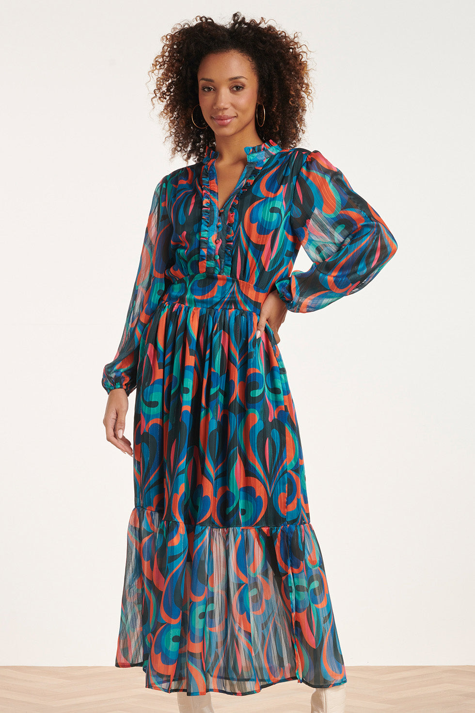 24519 Maxi-Jurk Met Teal Print | Petrol - Muticolour