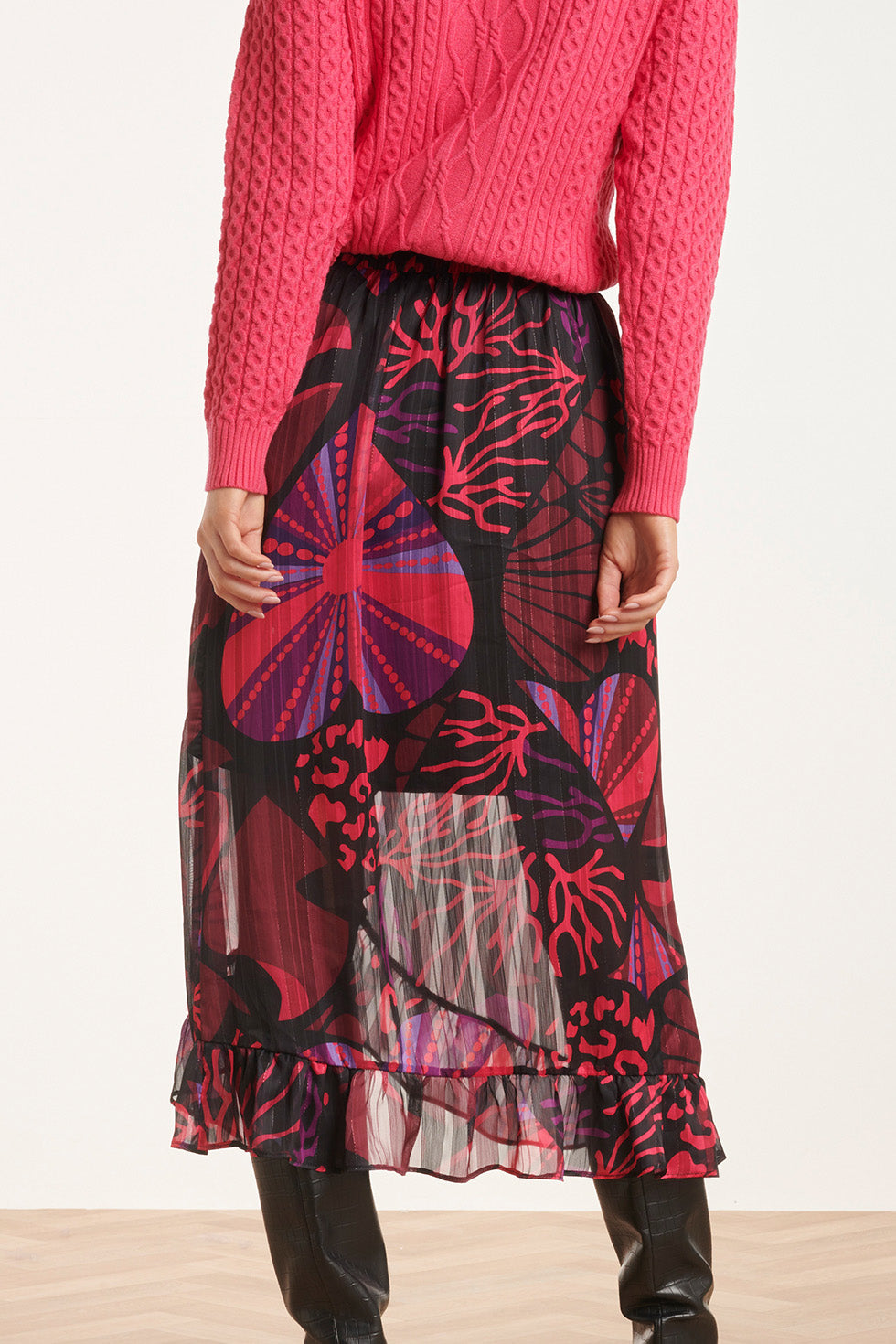 24524 FuchsiaPaarse Hartjesprint Midi Rok | Black - Muticolour