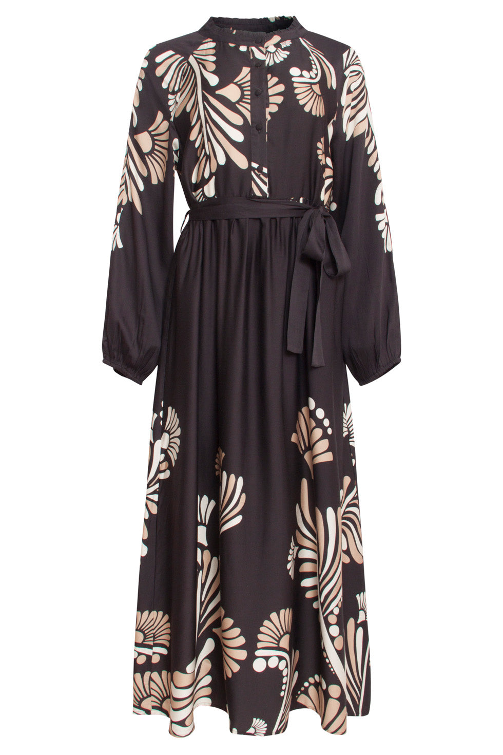 24532 Maxi Jurk Met Grafische Botanische Print | Black - Sand