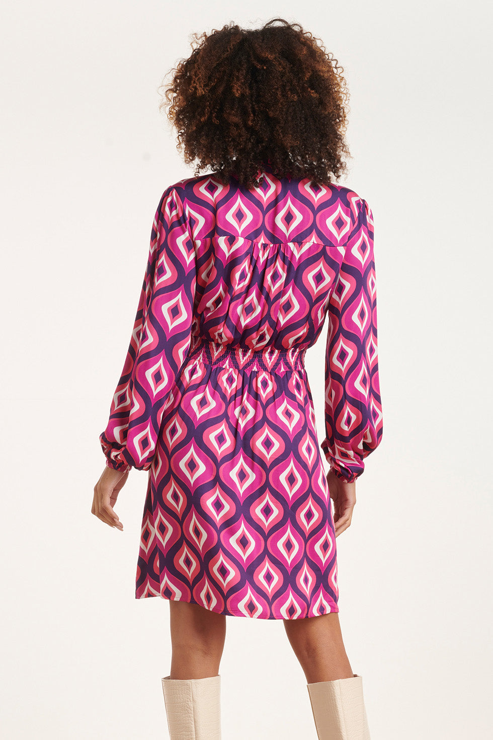 24537 Fuchsiapaars Grafisch Geometrisch Bedrukte Korte Jurk | Purple - Pink