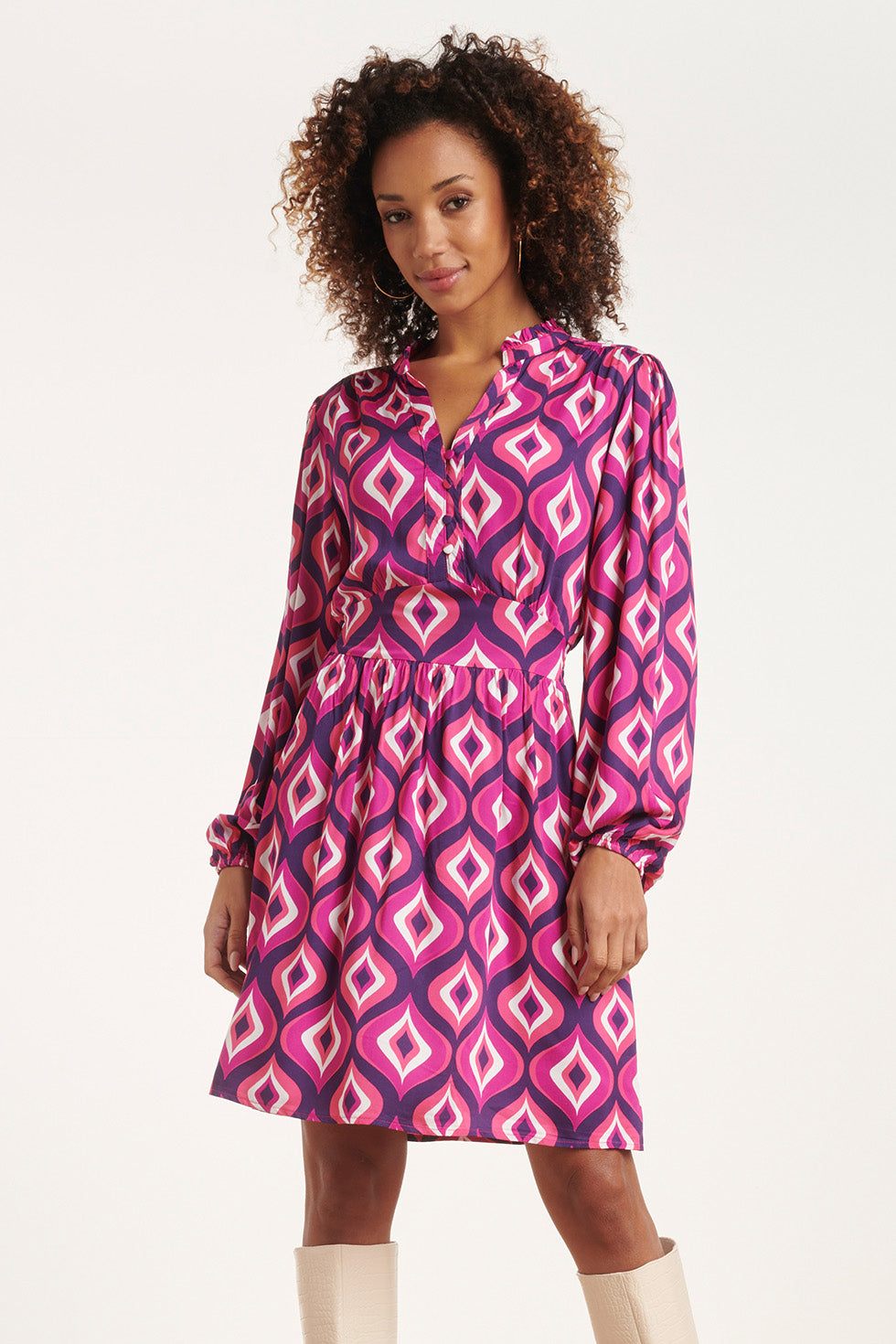 24537 Fuchsiapaars Grafisch Geometrisch Bedrukte Korte Jurk | Purple - Pink