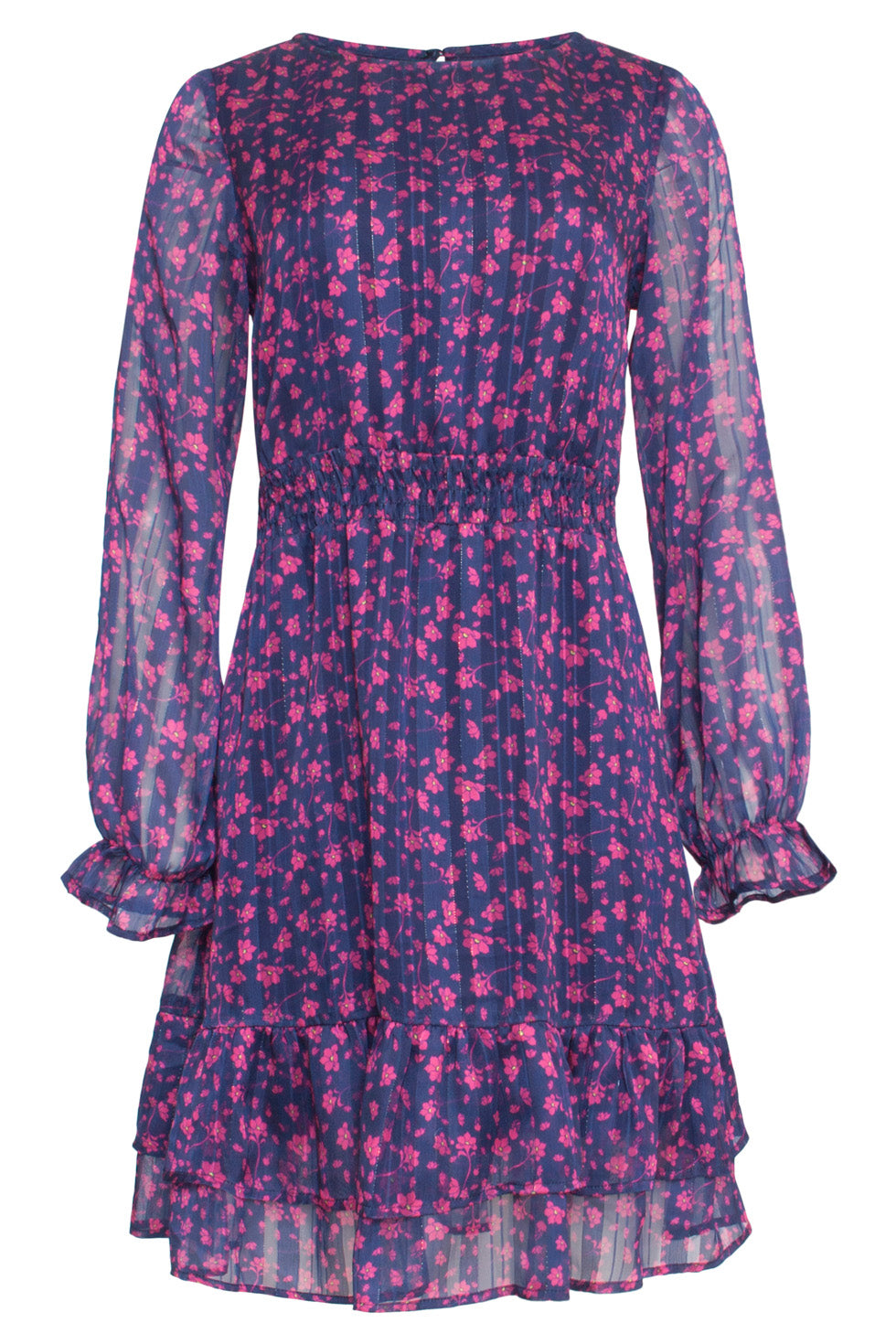 24540 Korte Jurk Met Fuchsia Bloemenprint | Navy - Fuchsia