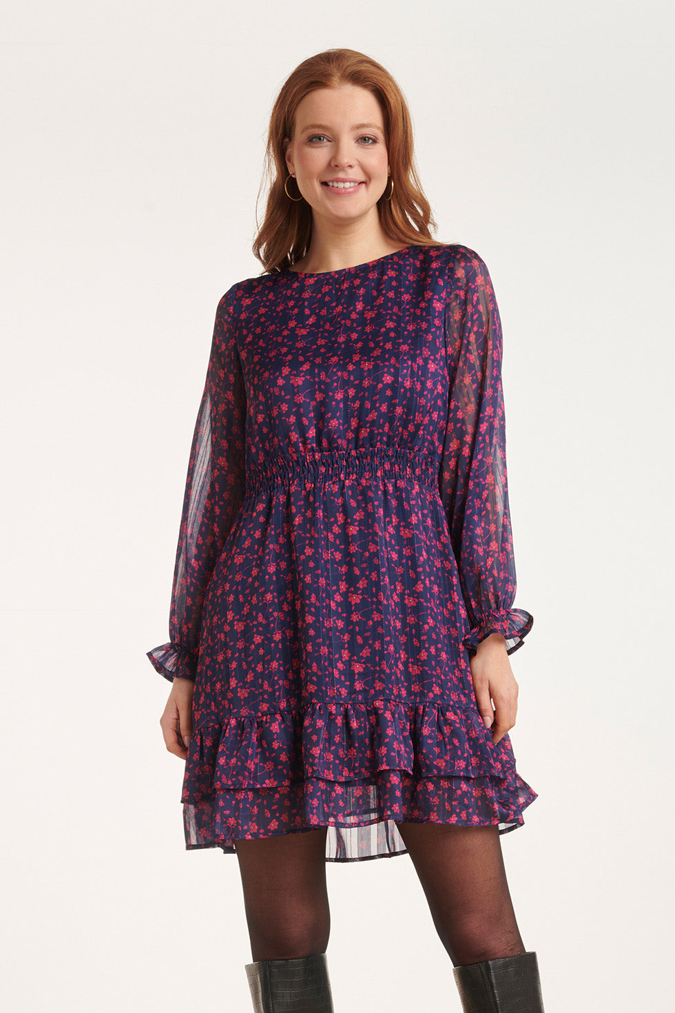 24540 Korte Jurk Met Fuchsia Bloemenprint | Navy - Fuchsia