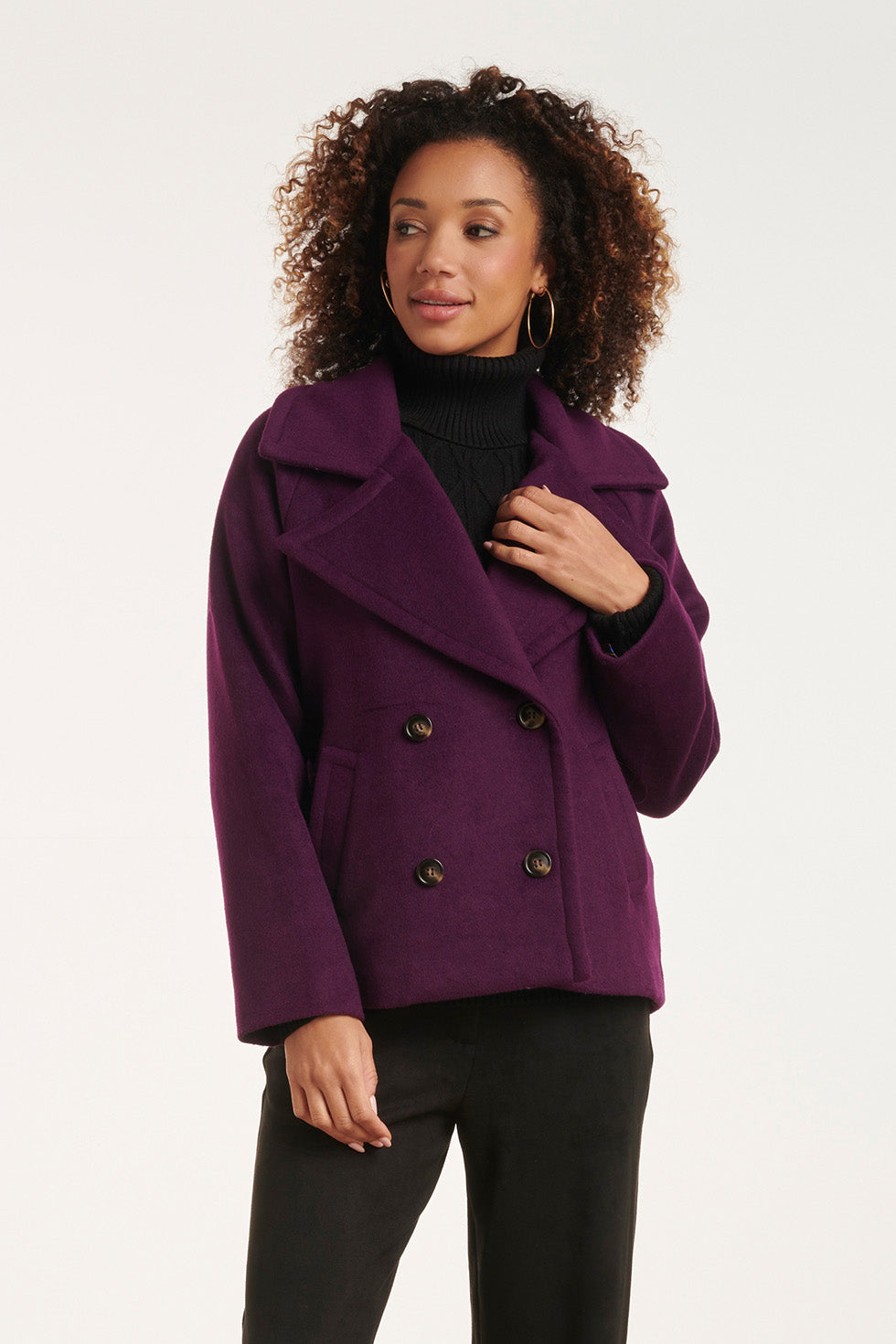 24549 Korte Paarse Overlap Double-Breasted Jas | Purple