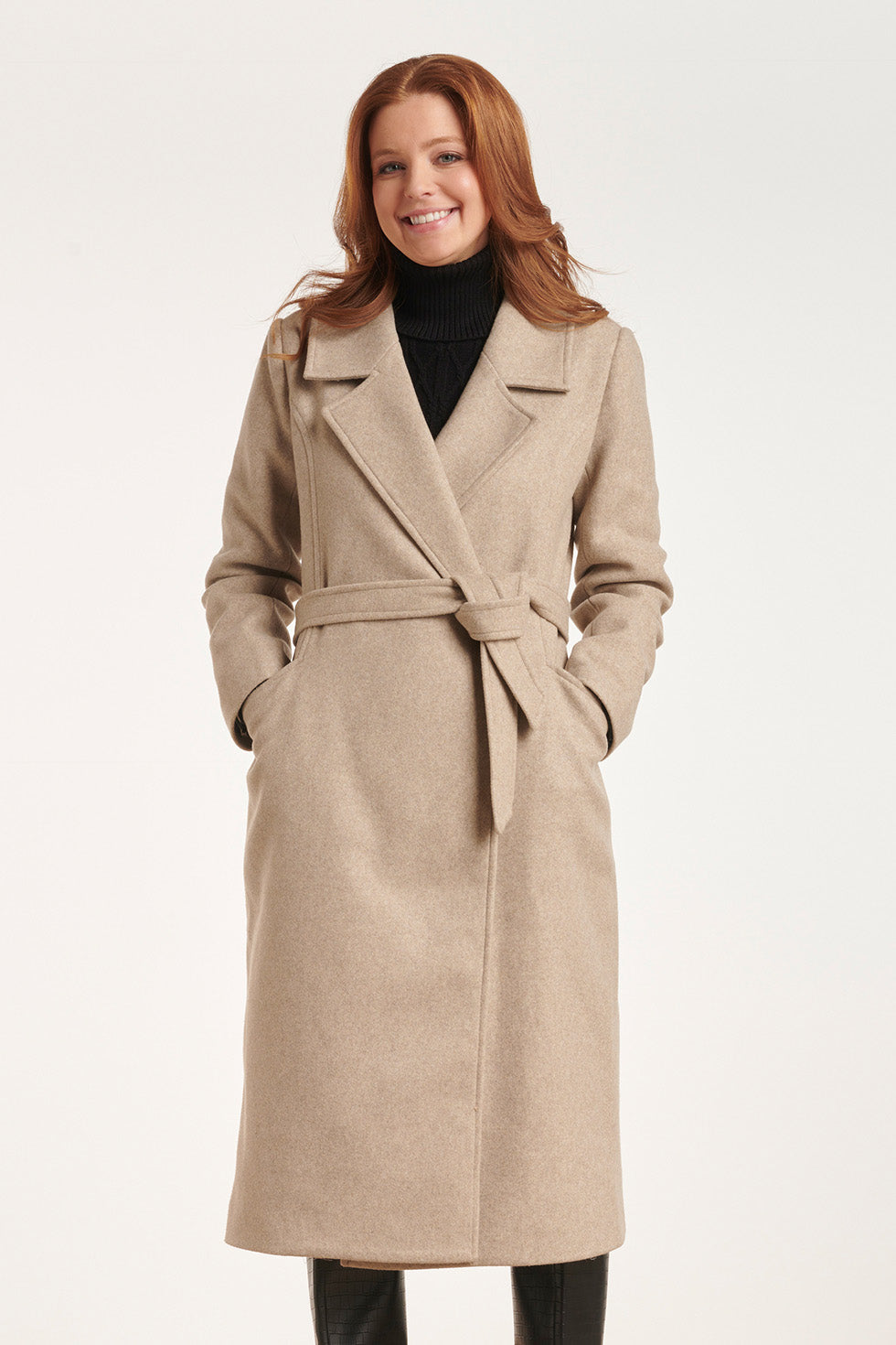 24552 Lange Beige Jas Met Grote Revers | Sand