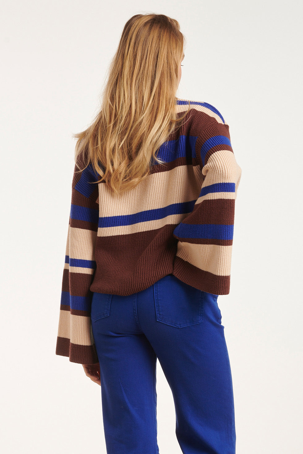 24603 Gestreepte Gebreide Top | Dark Brown - Cobalt