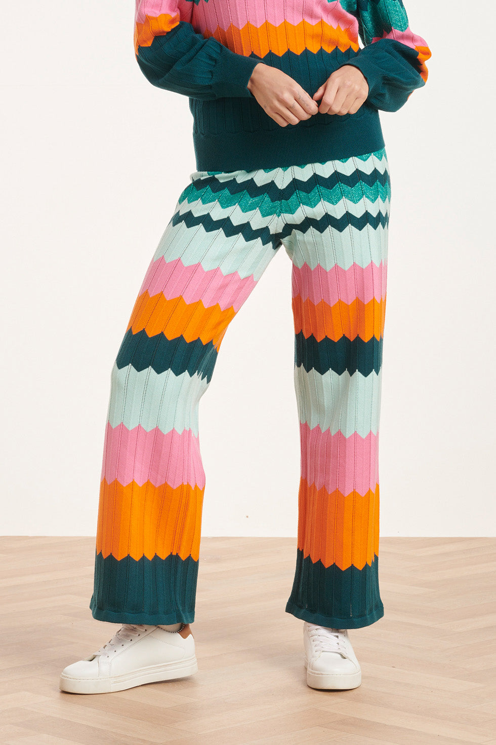 24608 rijke Zig-Zag Gebreide Broek | Petrol - Muticolour