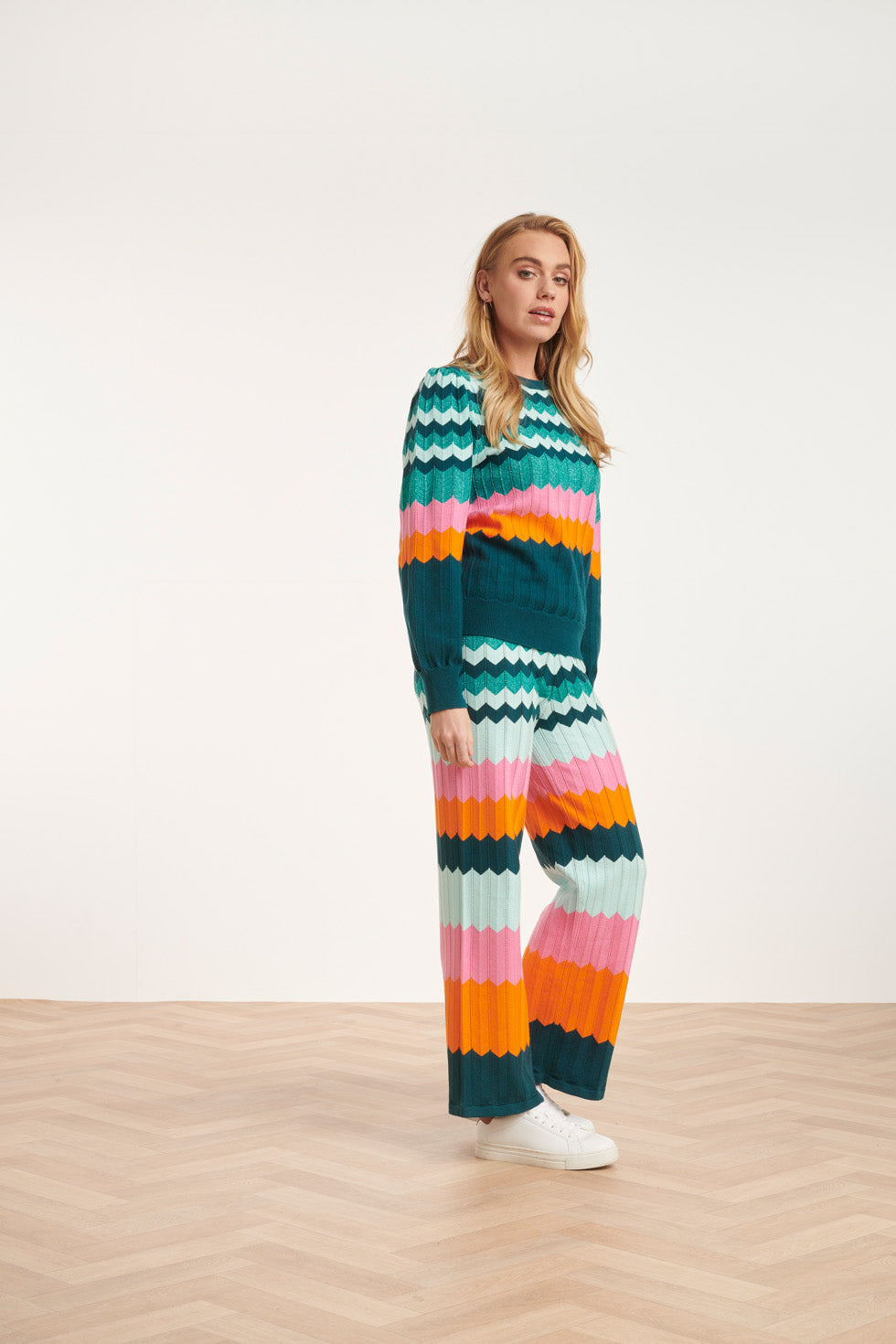 24608 rijke Zig-Zag Gebreide Broek | Petrol - Muticolour