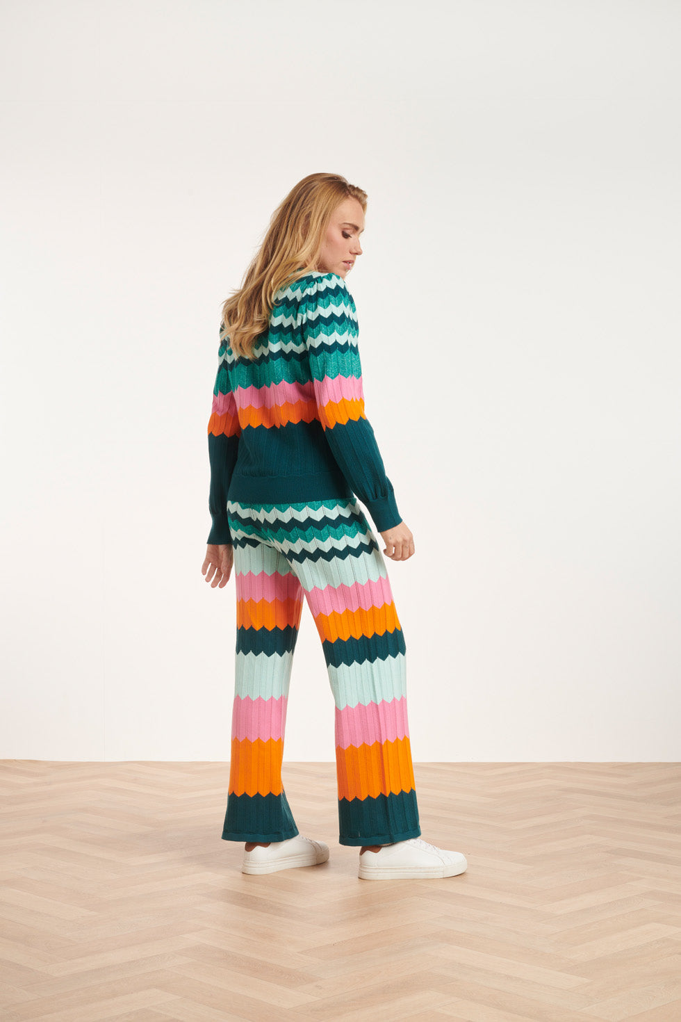 24608 rijke Zig-Zag Gebreide Broek | Petrol - Muticolour