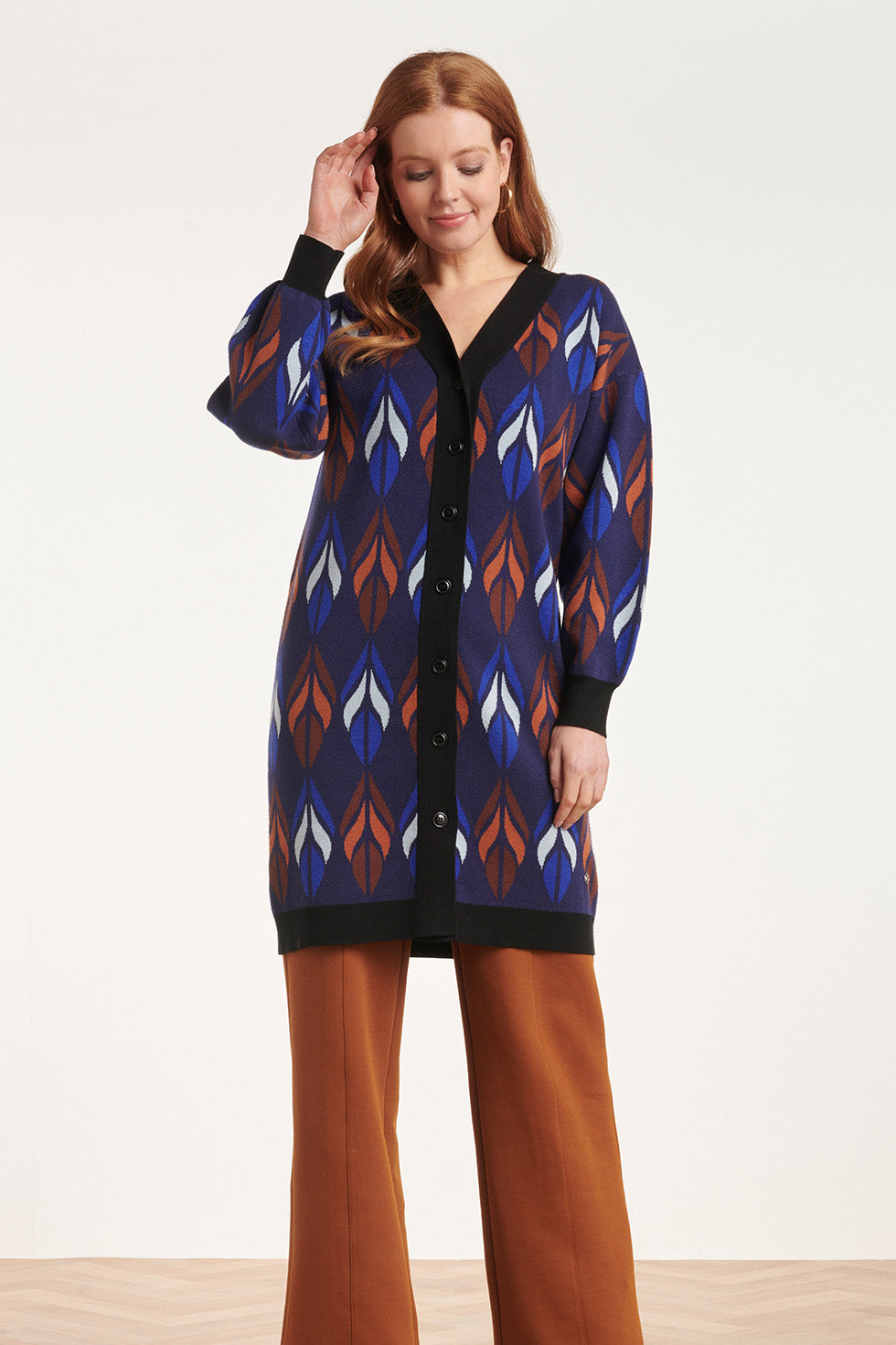 24613 Gebreide Vest Met Bladeren Print | Blue - Brown