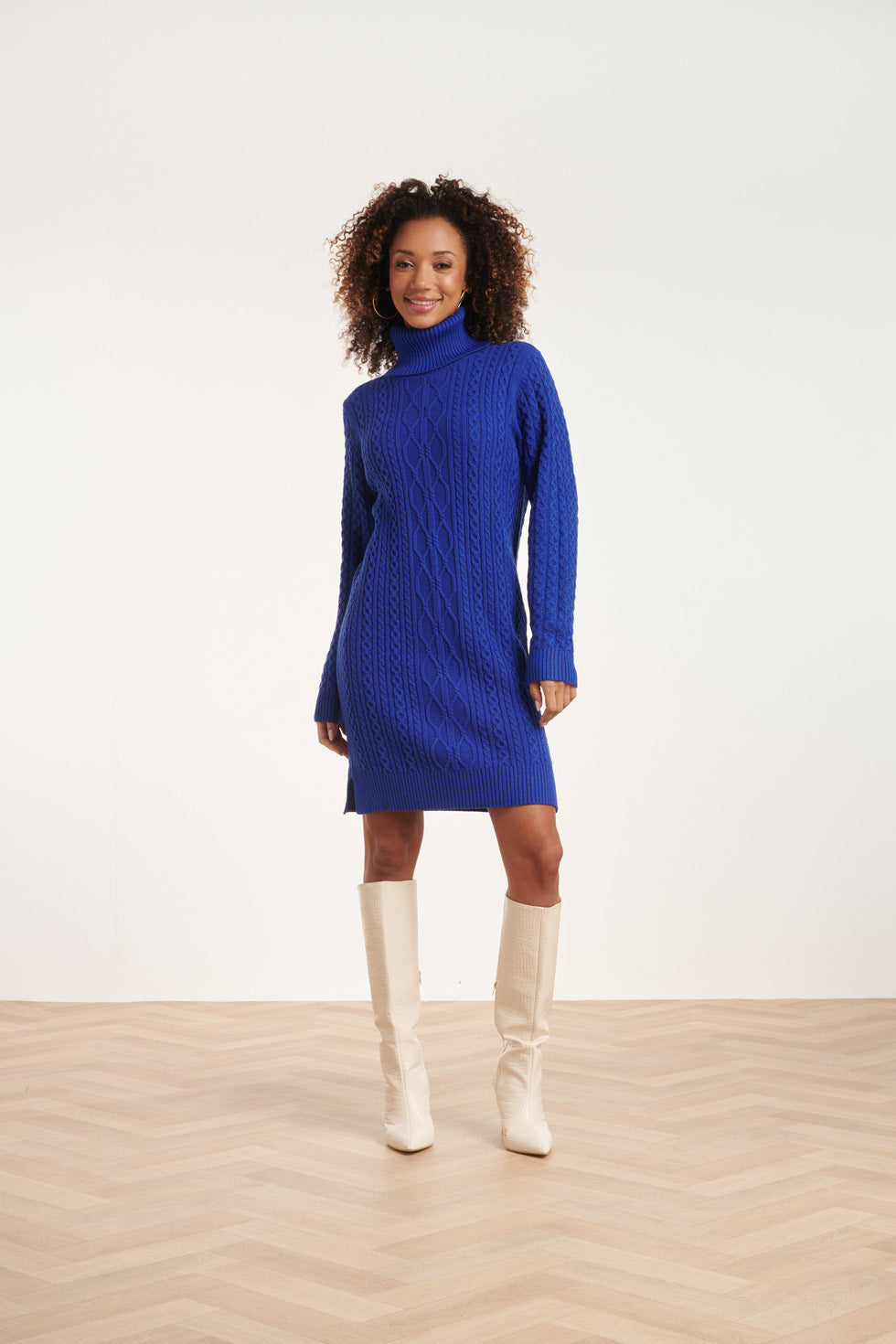 24629 Cobalt Gebreid Jurk Met Kabeltructuur | Cobalt