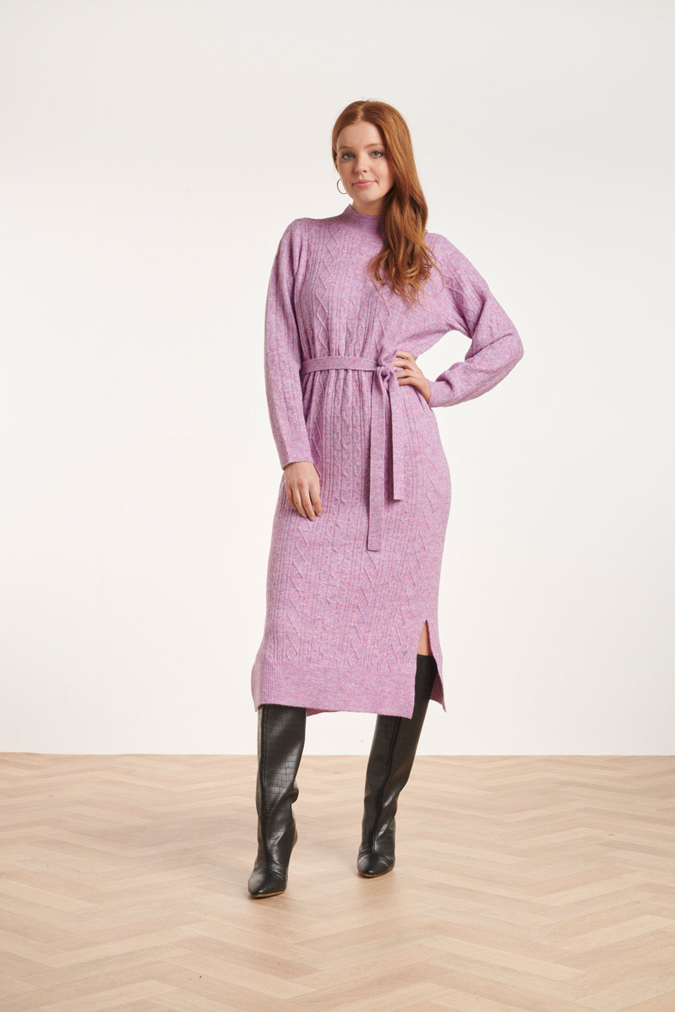 24631 Paars e Gebreide Midi Jurk Met Kabelstructuur | Lilac