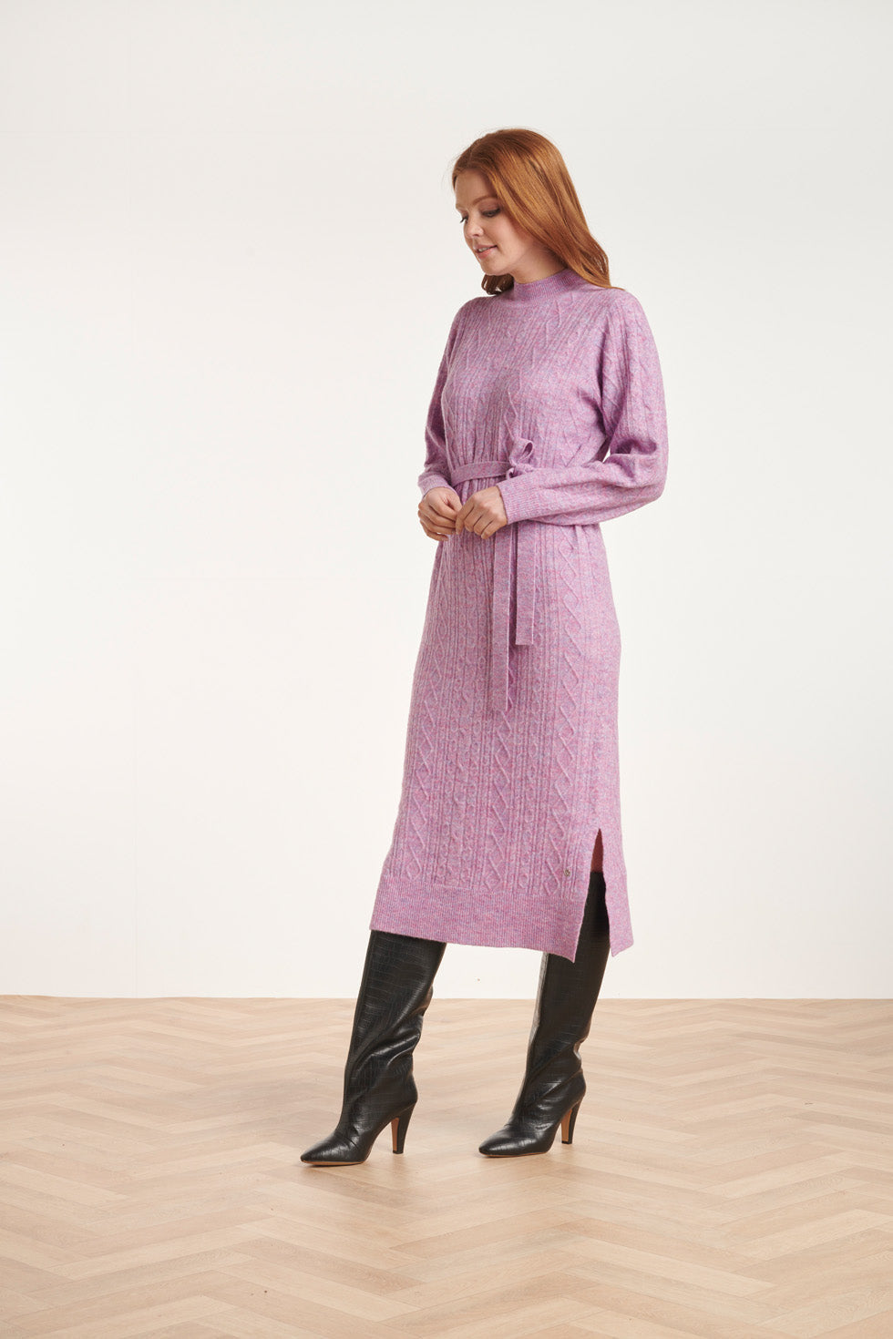 24631 Paars e Gebreide Midi Jurk Met Kabelstructuur | Lilac