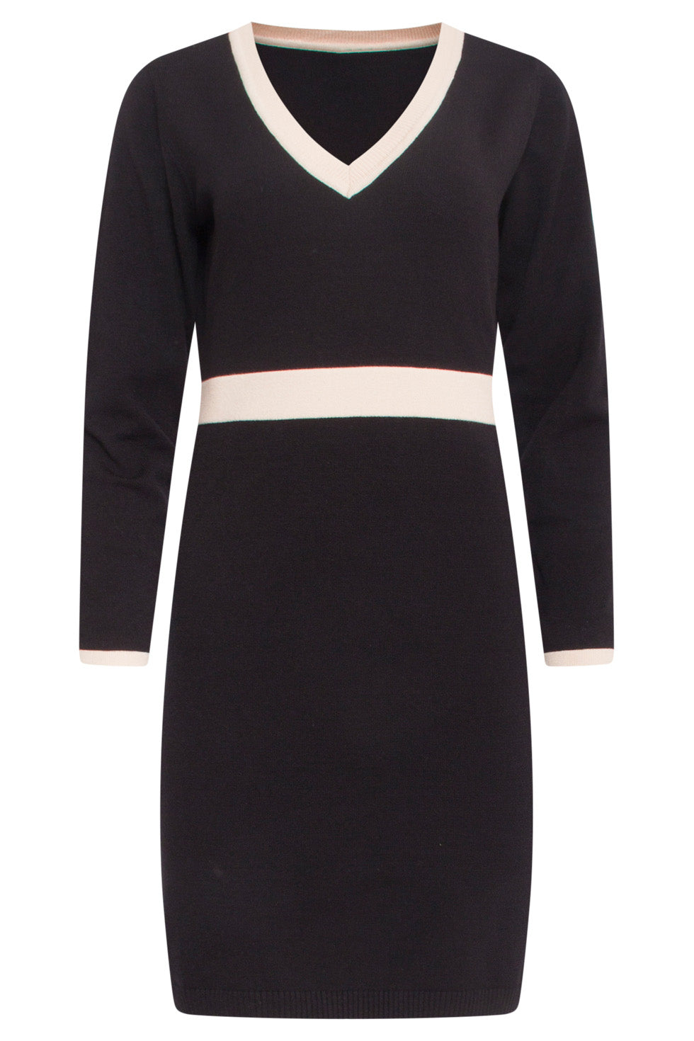 24632 Beige Bicolor Gebreide Jurk Met V-Hals | Black - Sand