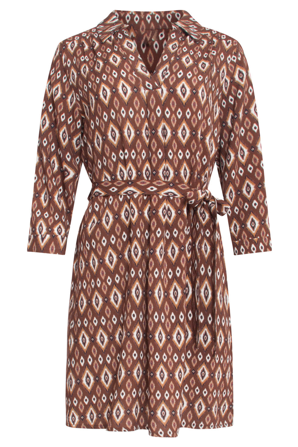 24661 e Tribal Print Jurk Met Kraag | Brown - Off White