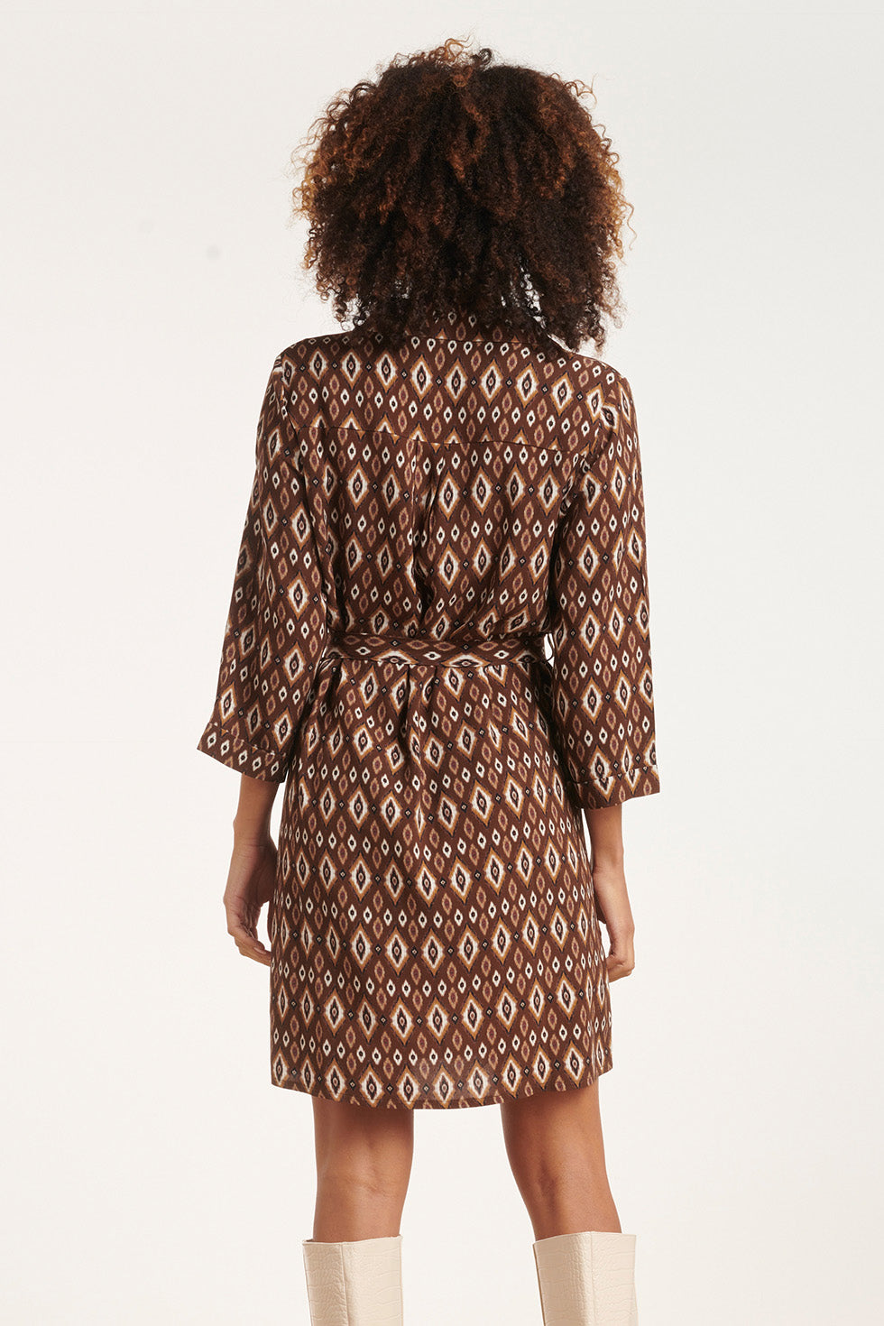 24661 e Tribal Print Jurk Met Kraag | Brown - Off White