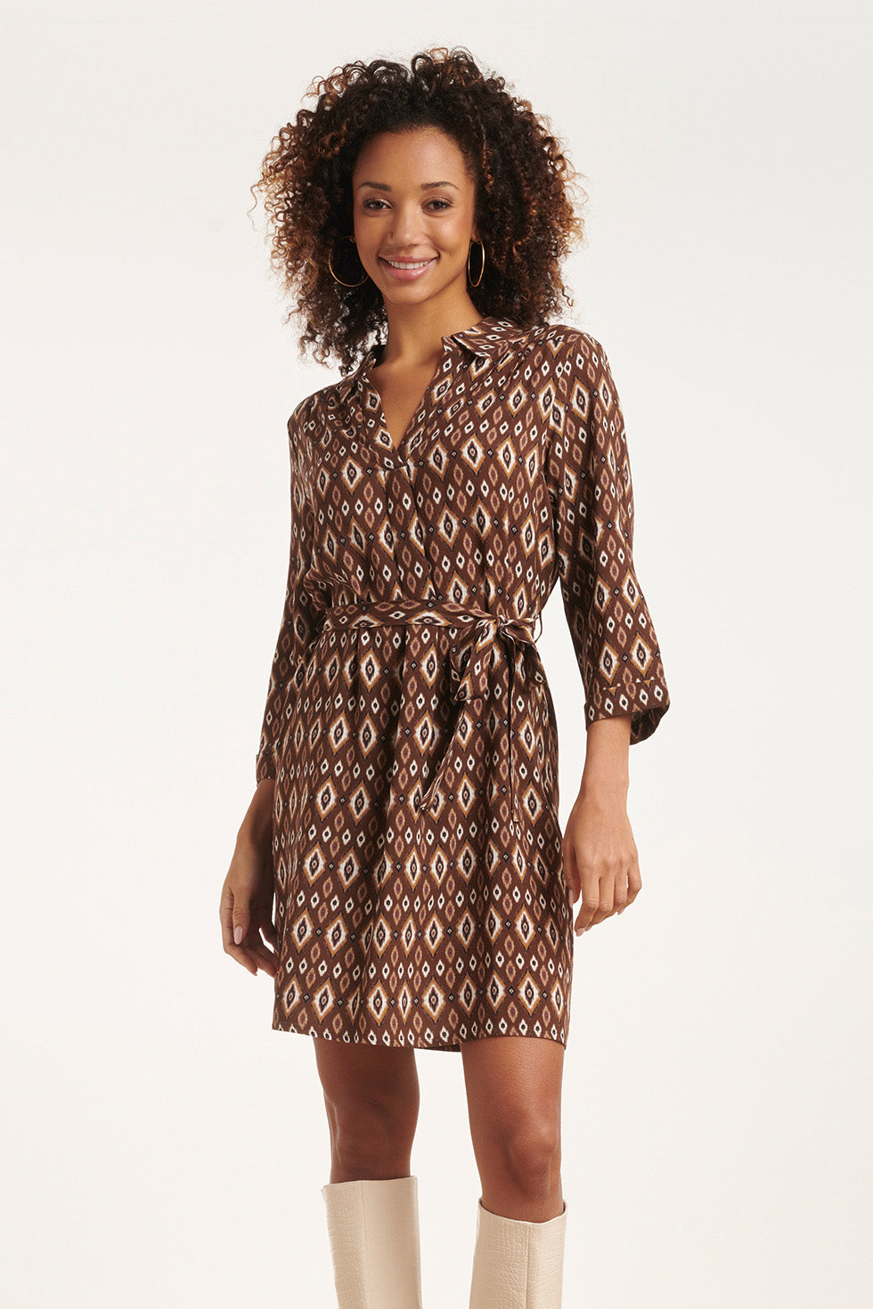 24661 e Tribal Print Jurk Met Kraag | Brown - Off White