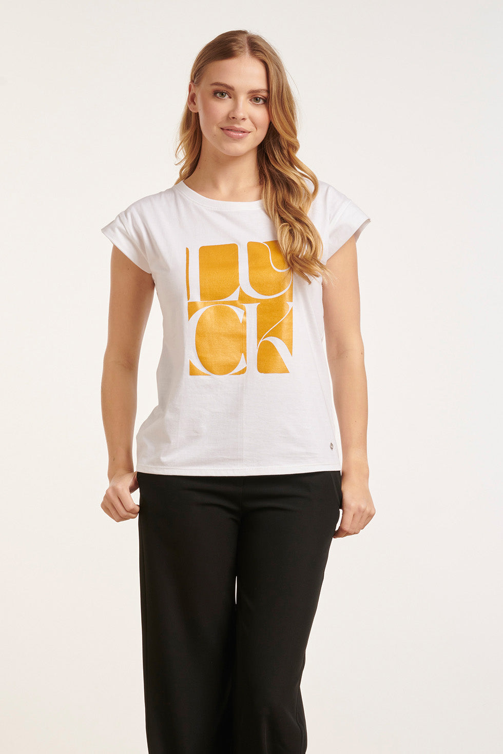 24687 Te T-Shirt Met 'Luck' Print | White - Gold
