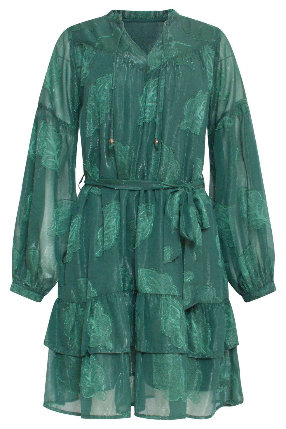 24697 Chiffon Jacquard V-Hals Jurk Met Bladmotief | Bottle