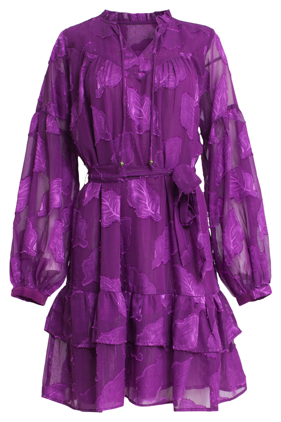 24697 Paarse Chiffon Jacquard V-Hals Jurk Met Bladmotief | Purple