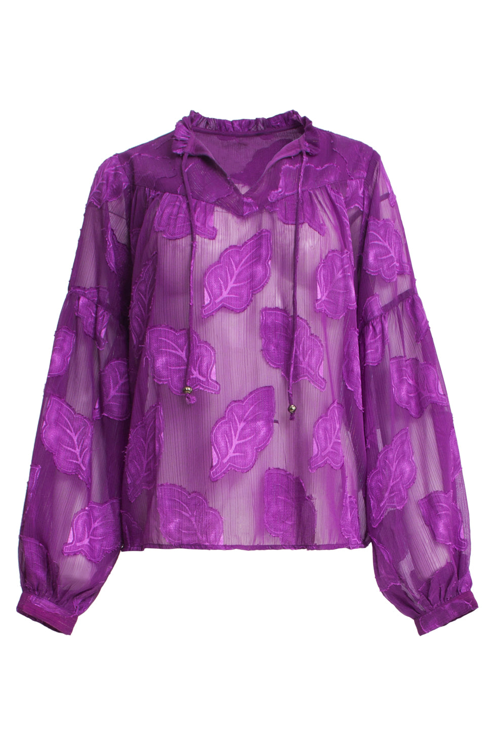 24698 Paarse Chiffon Jacquard V-Hals Top Met Bladmotief | Purple