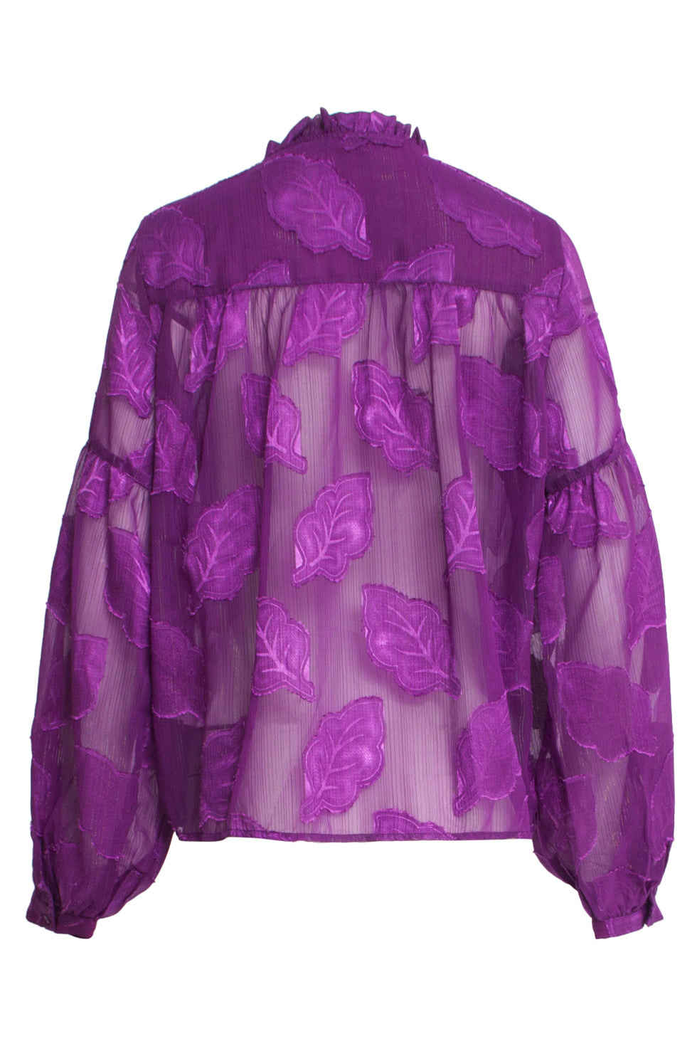 24698 Paarse Chiffon Jacquard V-Hals Top Met Bladmotief | Purple