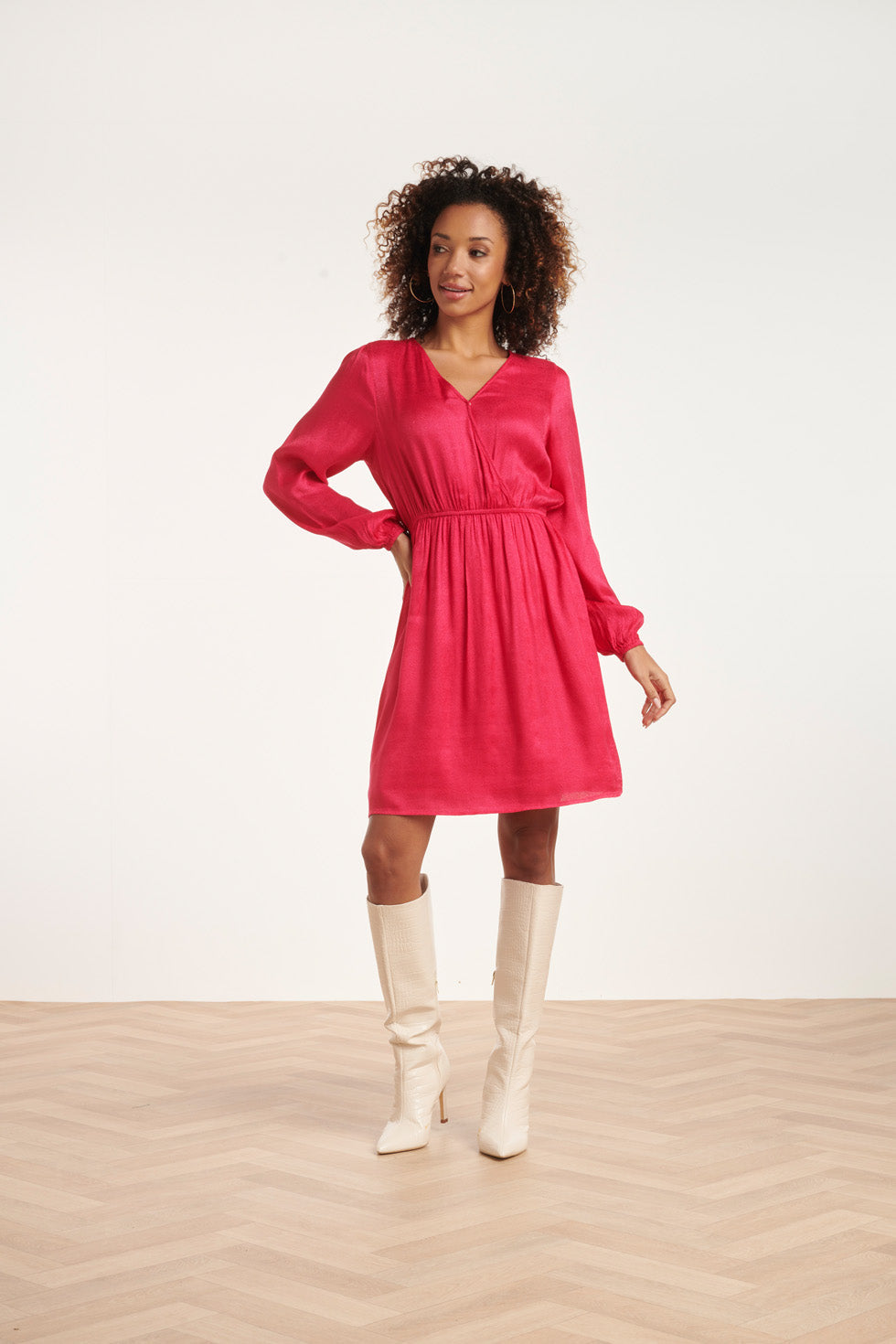 24699 Fuchsia Jacquard V-Hals Jurk Met Zebra Motief | Fuchsia