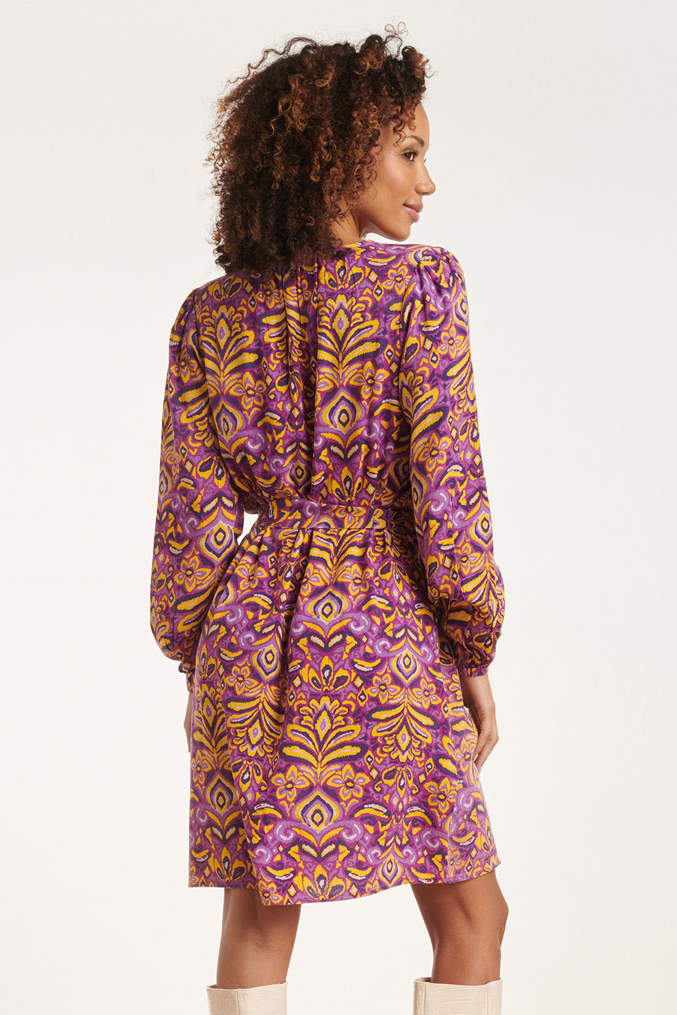 24701 Paars V-Hals Jurk Met Aztec Print | Purple - Yellow