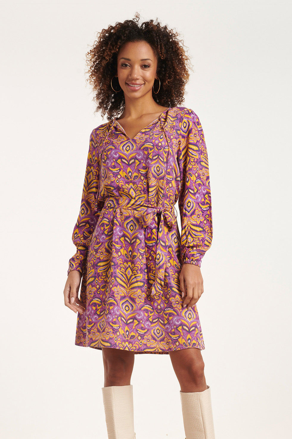 24701 Paars V-Hals Jurk Met Aztec Print | Purple - Yellow