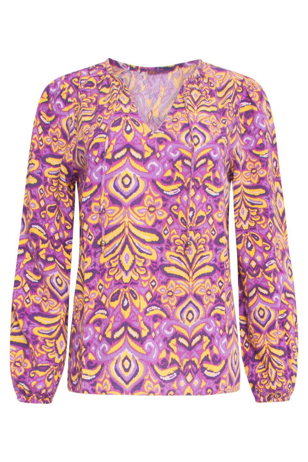 24702 Paars V-Hals Top Met Aztec Print | Purple-Yellow