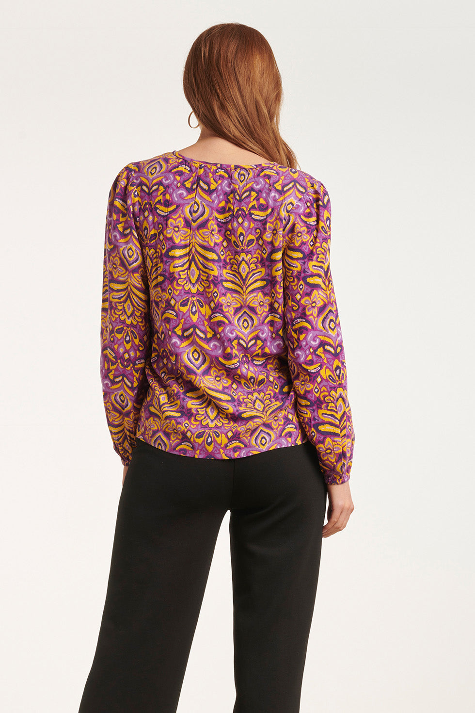 24702 Paars V-Hals Top Met Aztec Print | Purple-Yellow