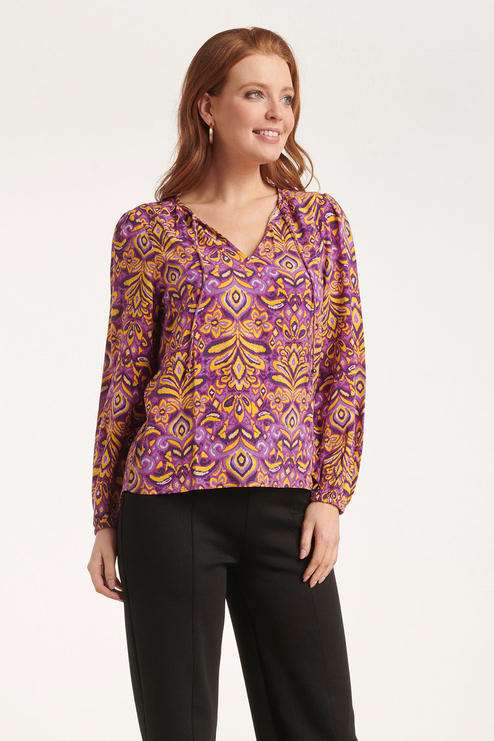 24702 Paars V-Hals Top Met Aztec Print | Purple-Yellow