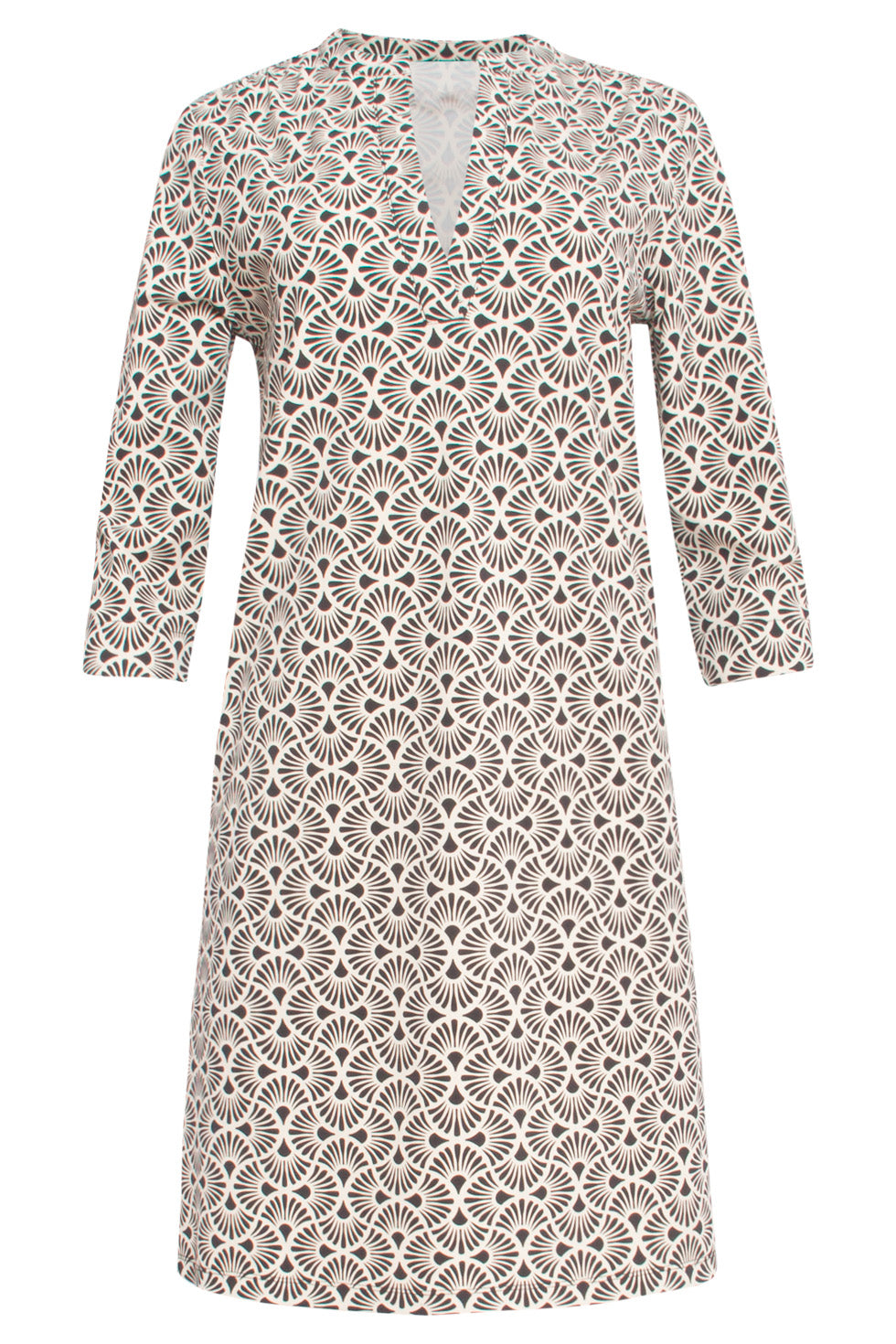 24710 Fitted Grafische Bloemenprint Travel Kwaliteit Jurk | Sand - Black