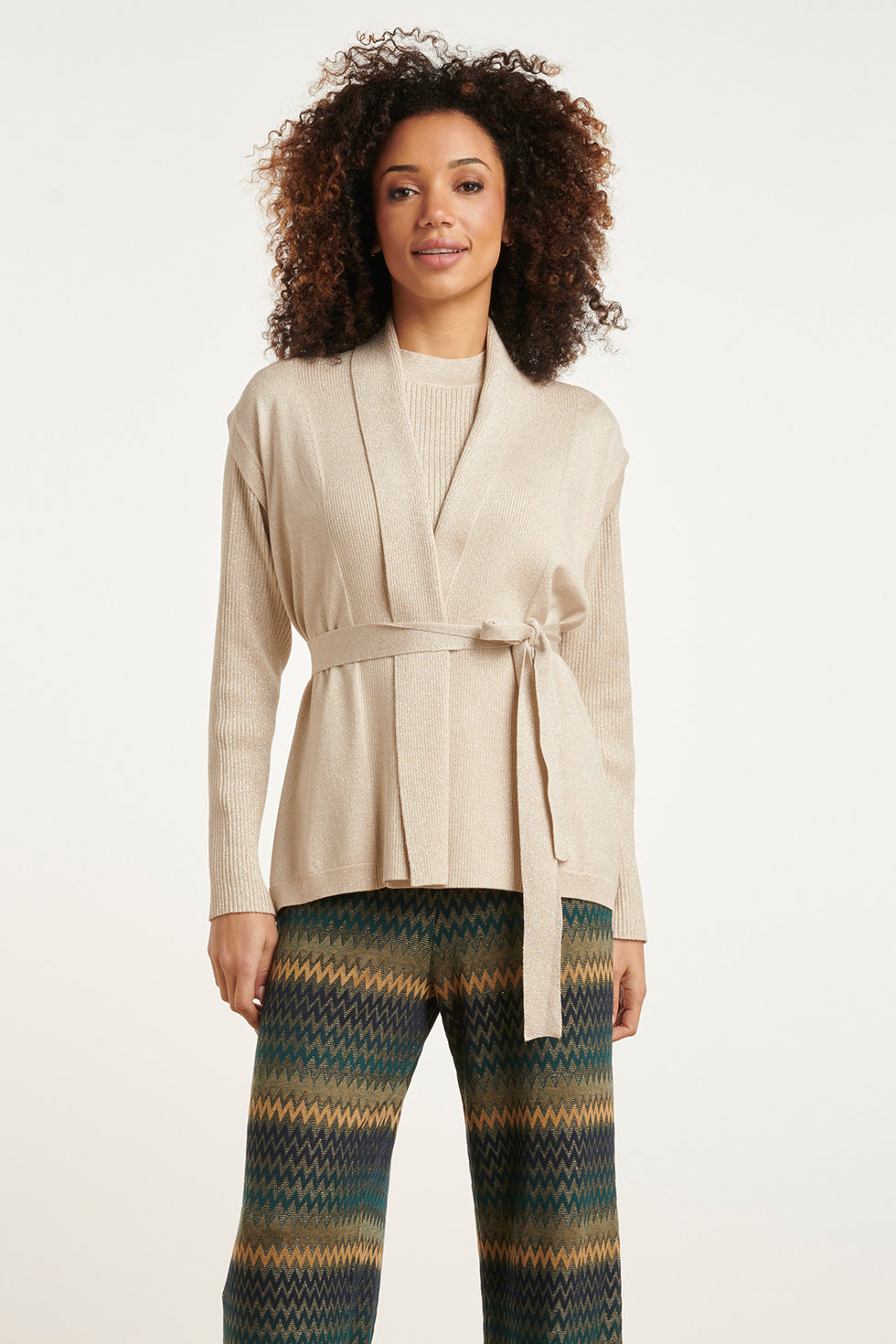 24789 Geribde Mouwloze Cardigan Met Lurex | Sand