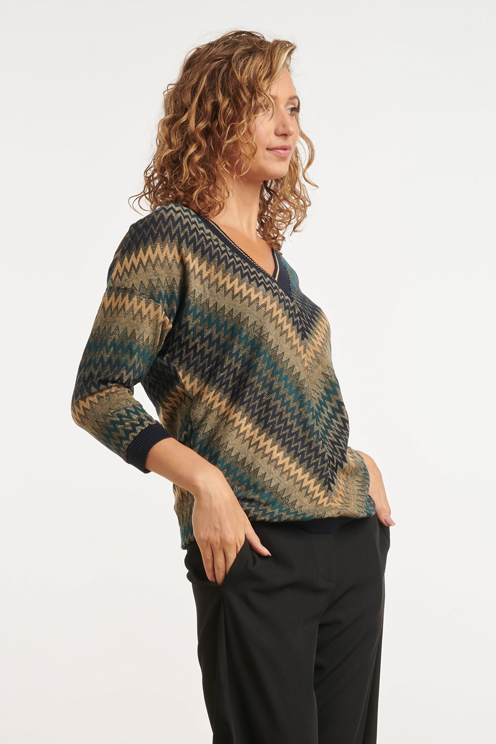 24809 Getinte Zigzag Top | Petrol-Muticolour