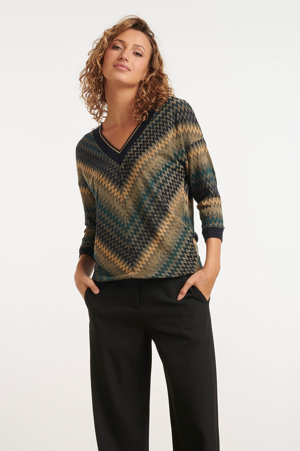 24809 Getinte Zigzag Top | Petrol-Muticolour