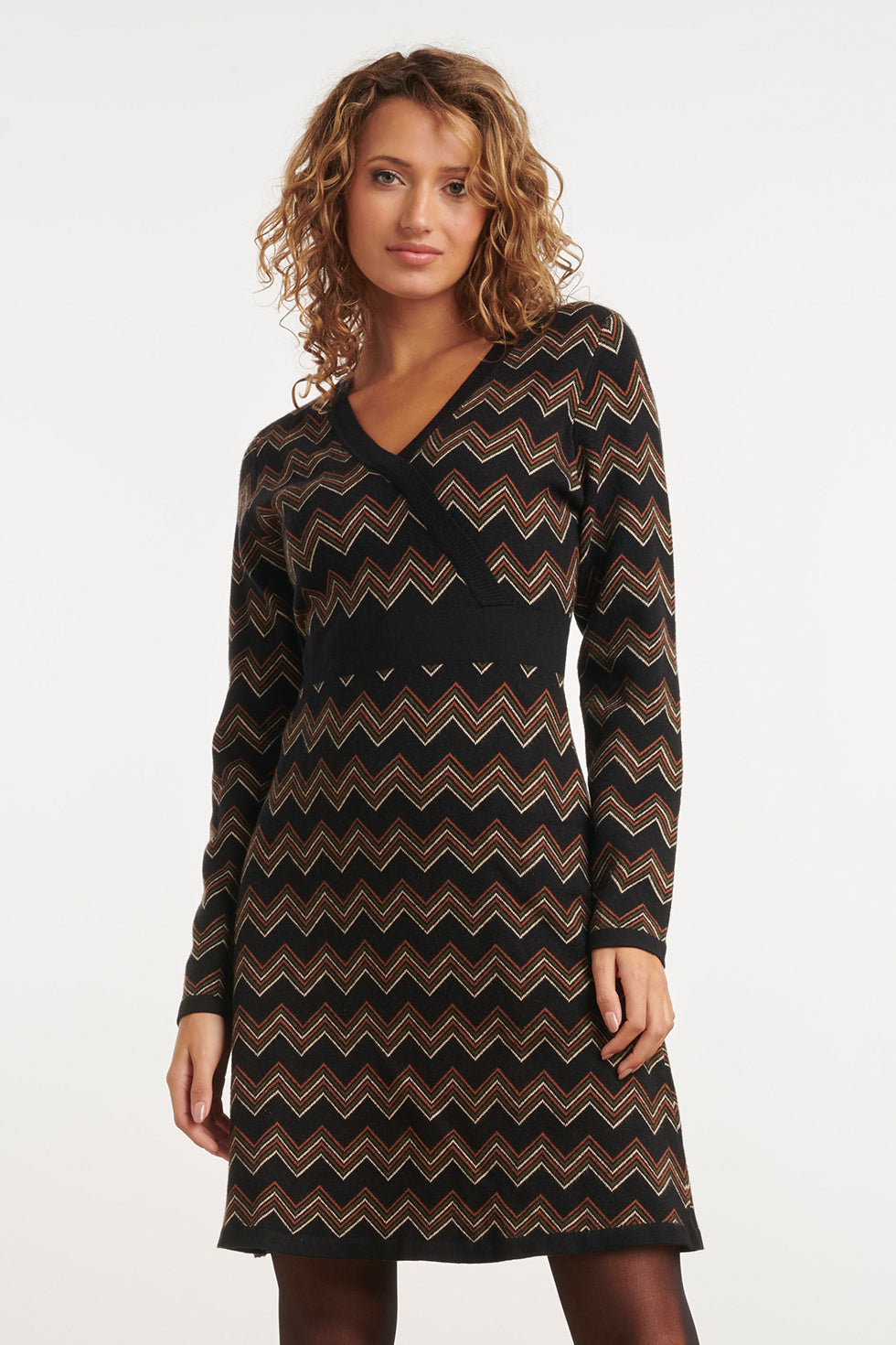 24902 Multicolour Gebreide Zigzagprint Gebreide Jurk | Black - Brown