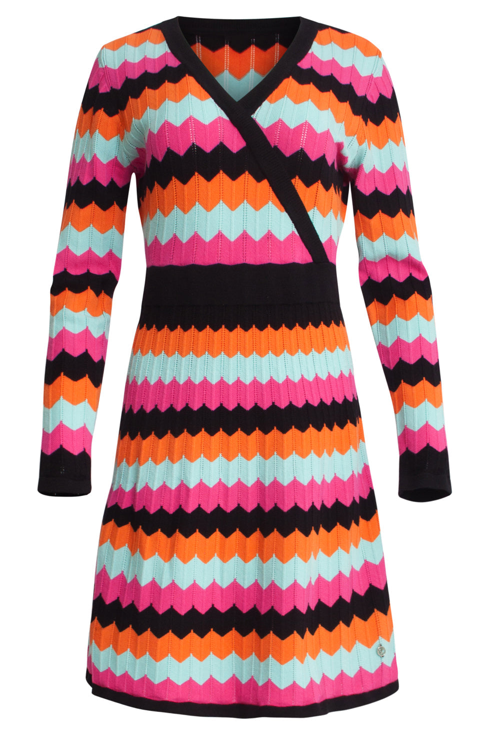 24913 V-Hals Zigzag Gestreept Gebreid Jurk | Muticolour