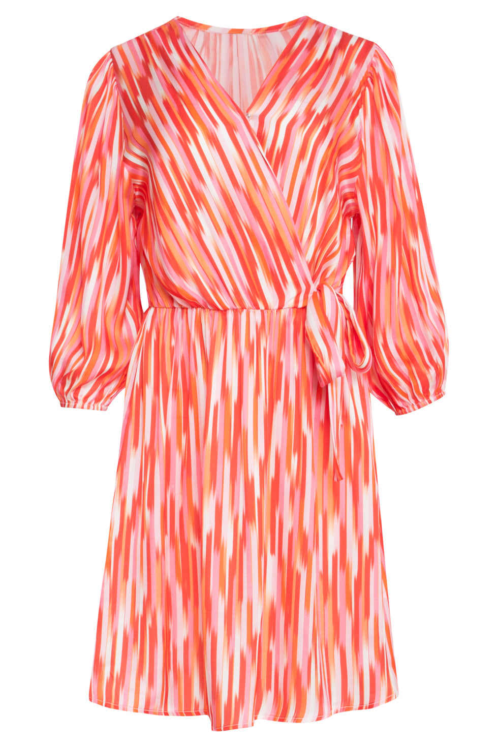 25007 Gestreepte Satijn Jurk Met Driekwart Mouwen | Red-Multicolour