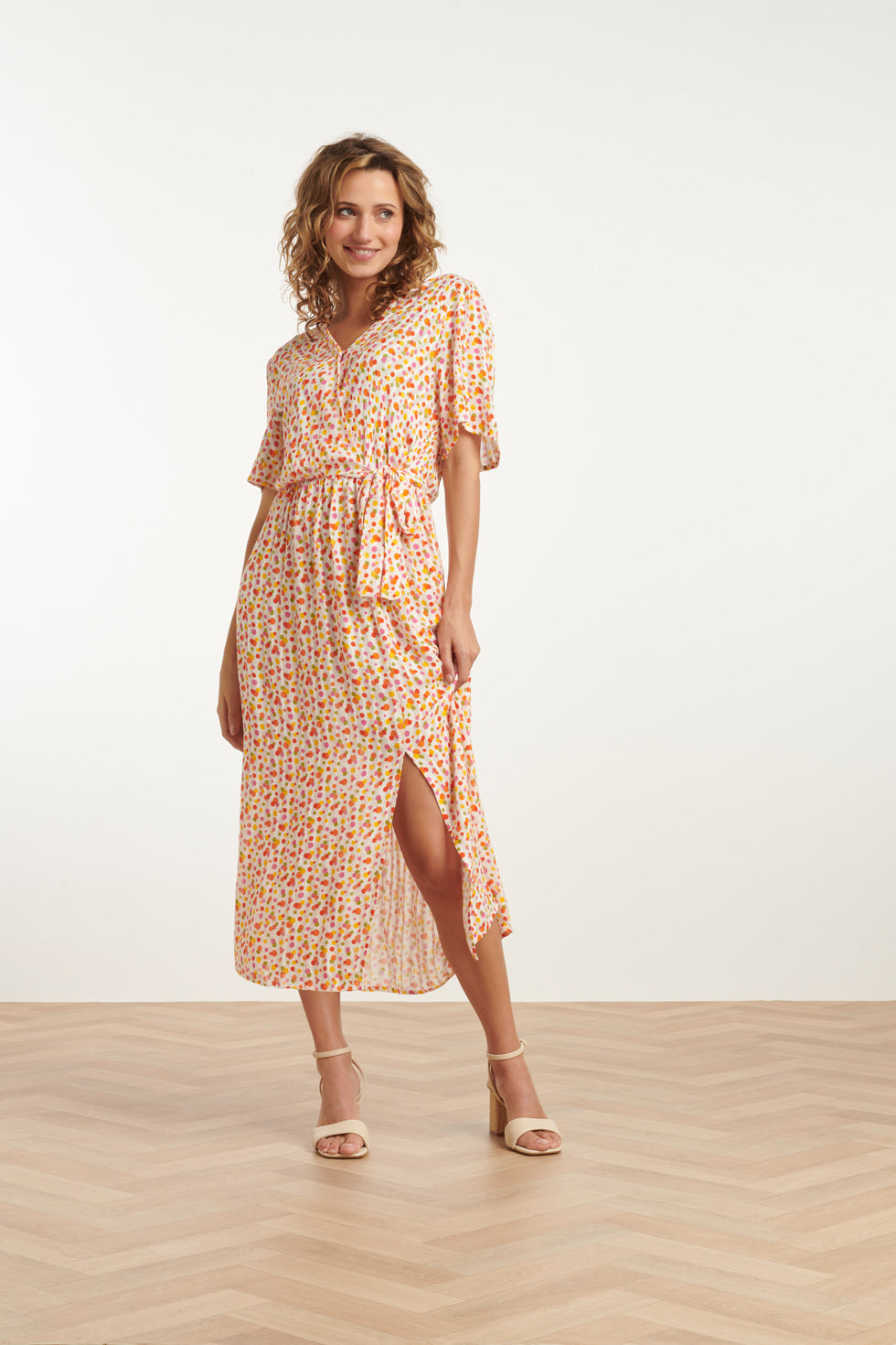 25009 V- Hals Maxi Jurk Met Polka Dot Print | White - Muticolour
